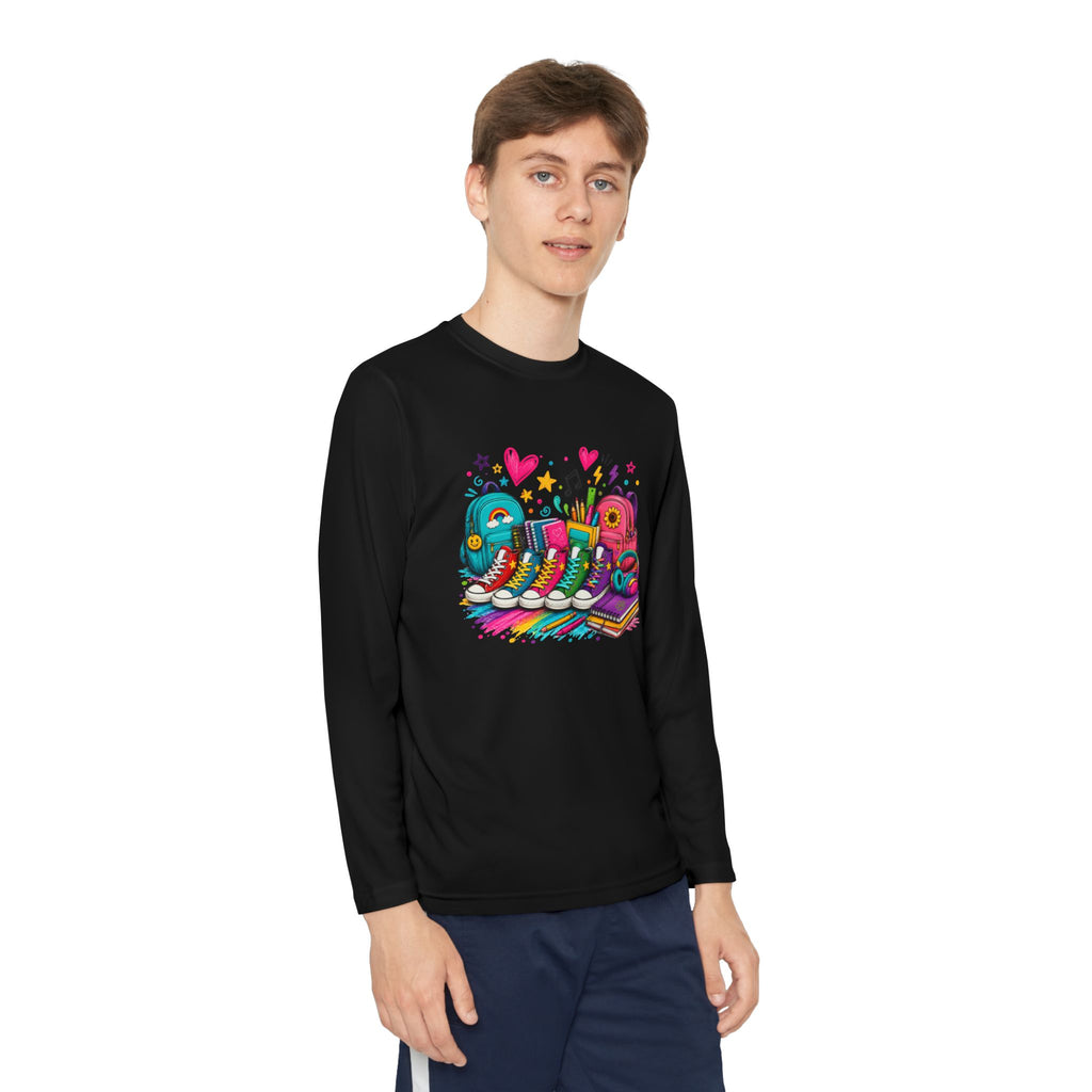 Youth Long Sleeve Tee — Colorful Sneaker Party Graphic
