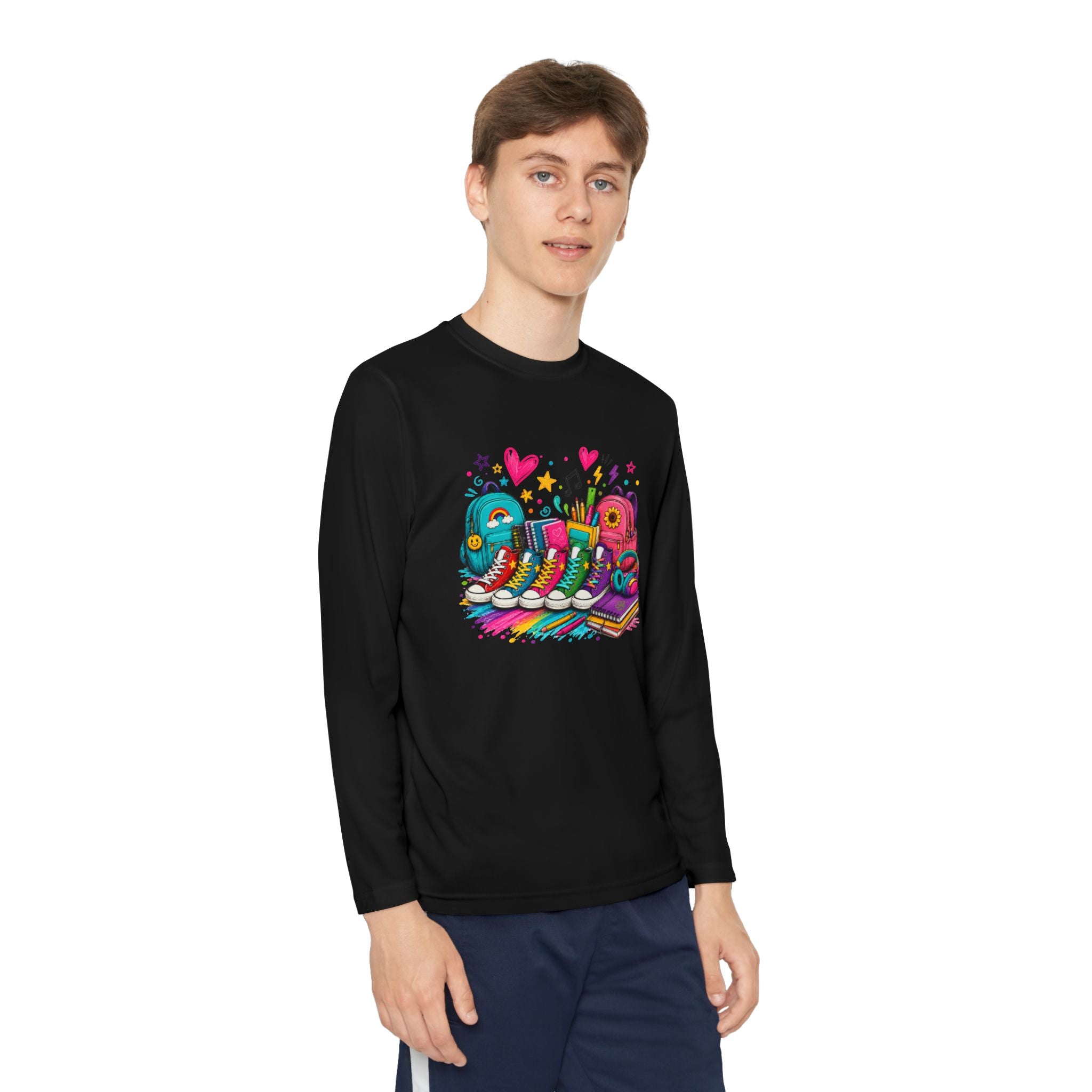 Youth Long Sleeve Tee — Colorful Sneaker Party Graphic