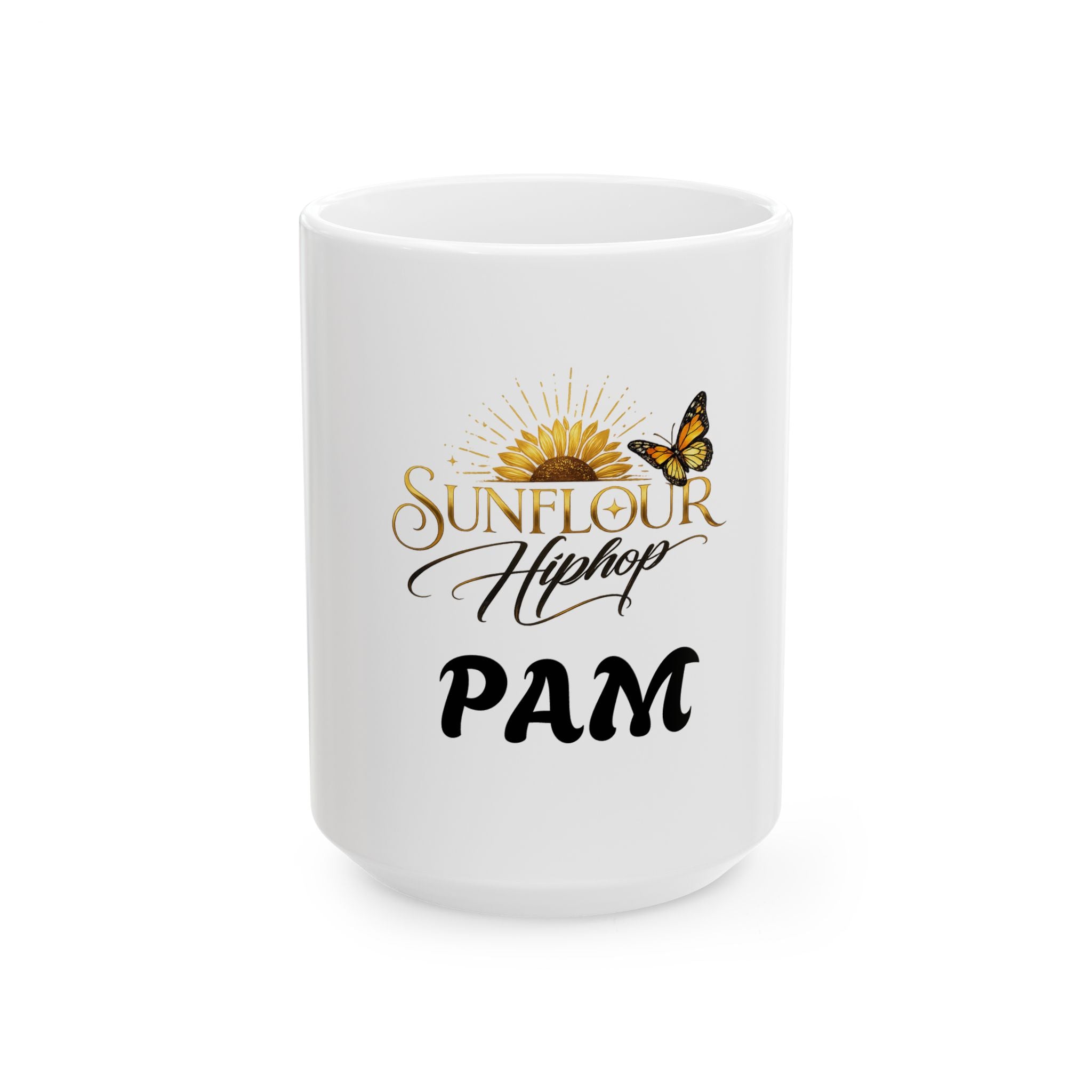 Sunflower & Butterfly Personalized Mug — 'Sunflour Hiphop PAM' Ceramic Coffee Cup (11oz/15oz)