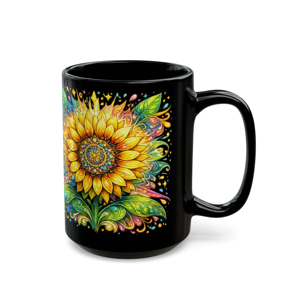 Sunflower Mandala Black Mug — Vibrant Floral Coffee Cup (11oz & 15oz)