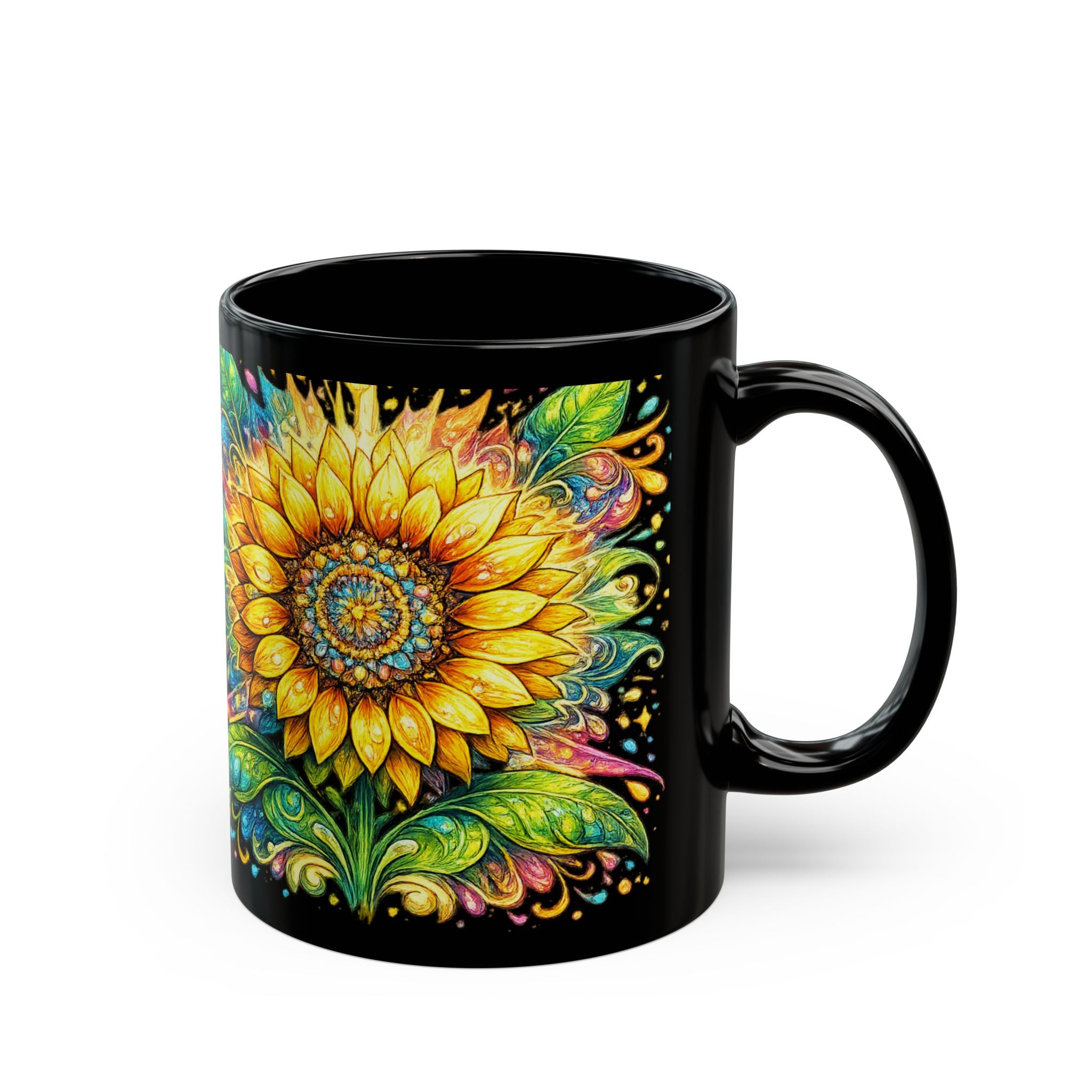 Sunflower Mandala Black Mug — Vibrant Floral Coffee Cup (11oz & 15oz)