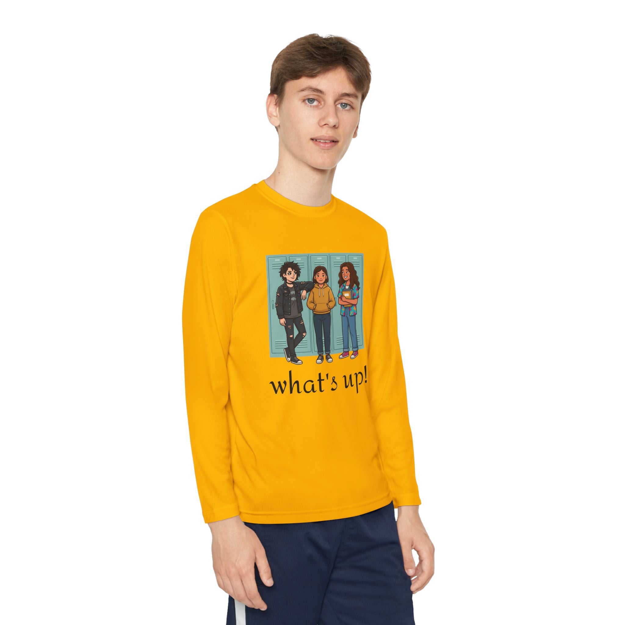 Youth Long Sleeve Tee — "what's up!" Illustrated Friends Graphic