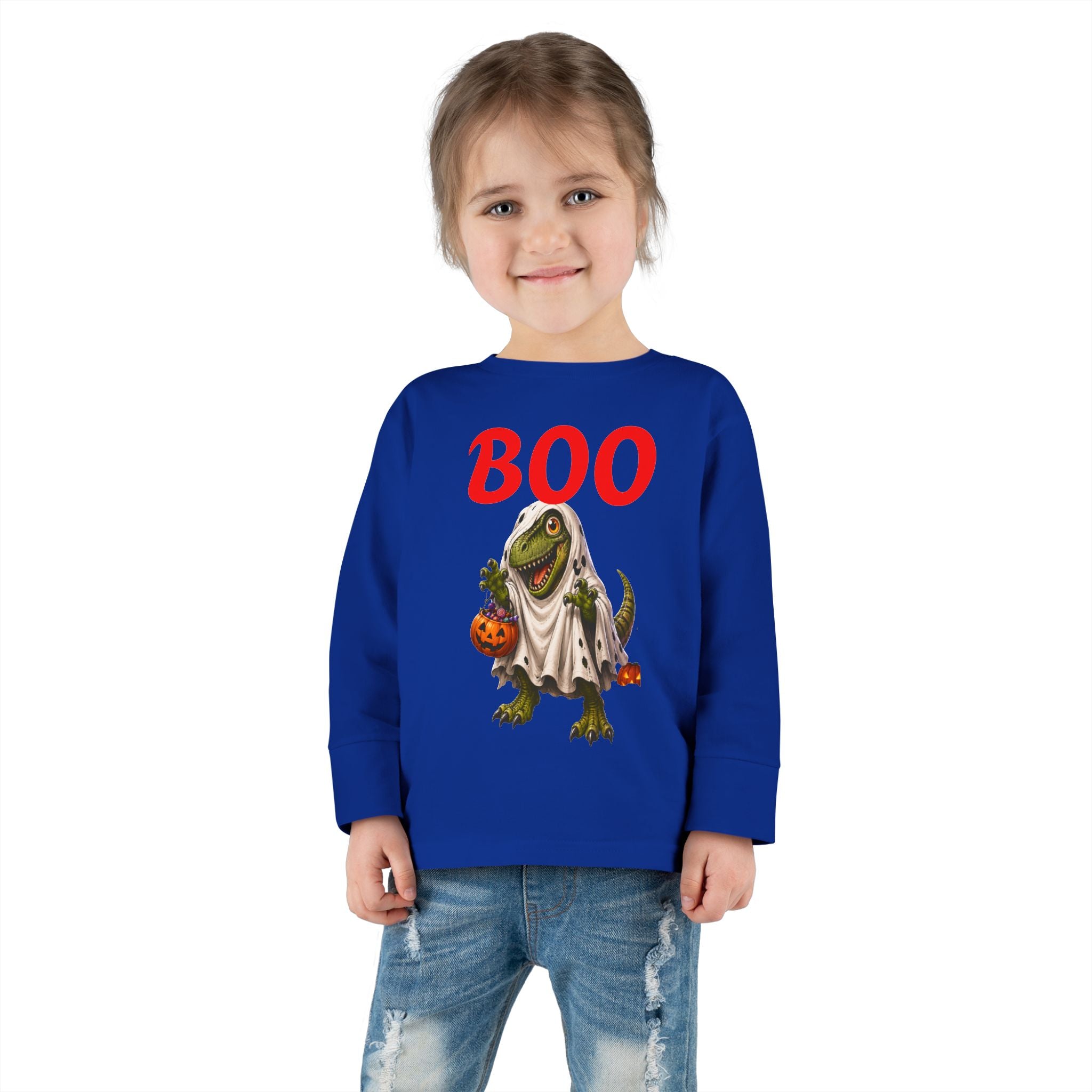 Halloween Toddler Long Sleeve Tee — Cute Dinosaur Ghost "BOO!" Halloween Shirt