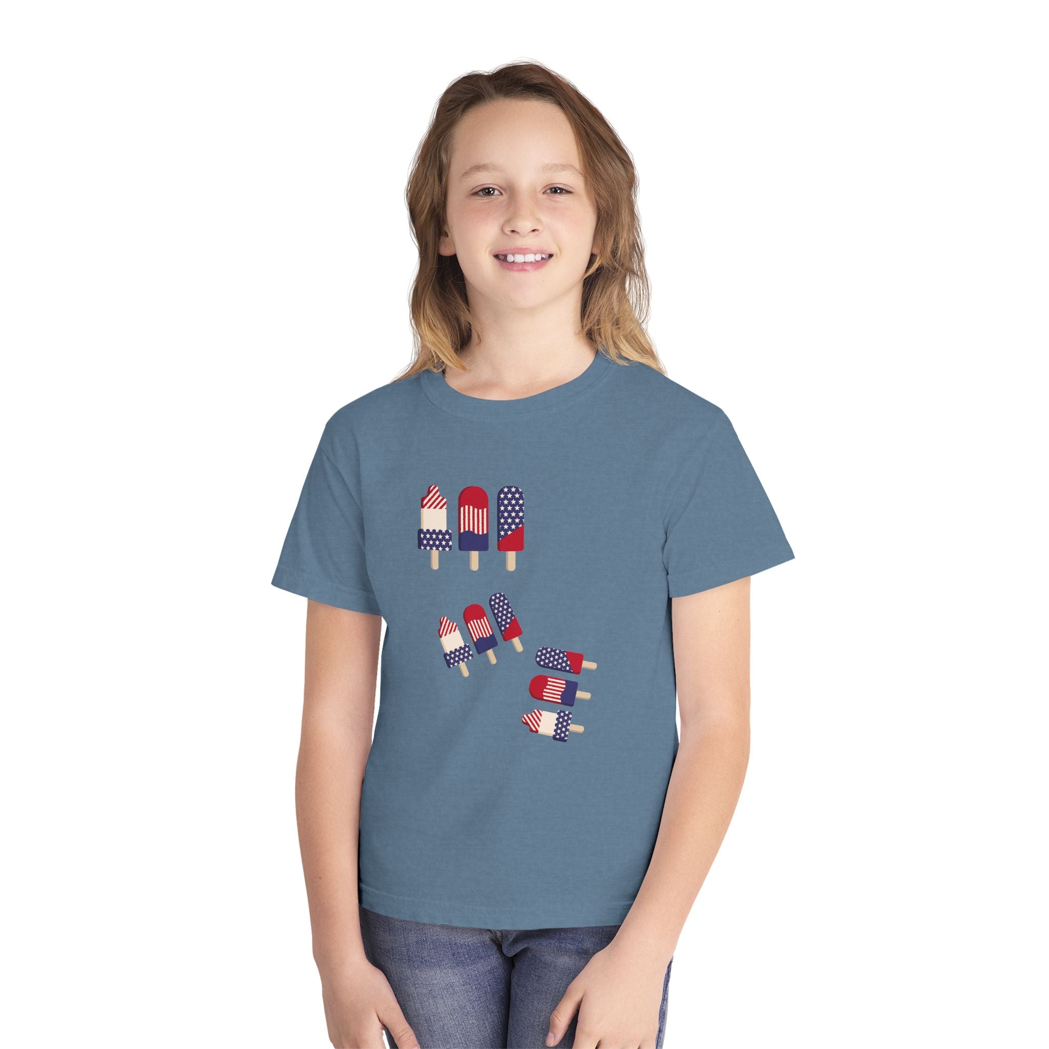 Youth Ice Pop Tee — Patriotic American Flag Popsicle Kids T‑Shirt (Custom Name Option)