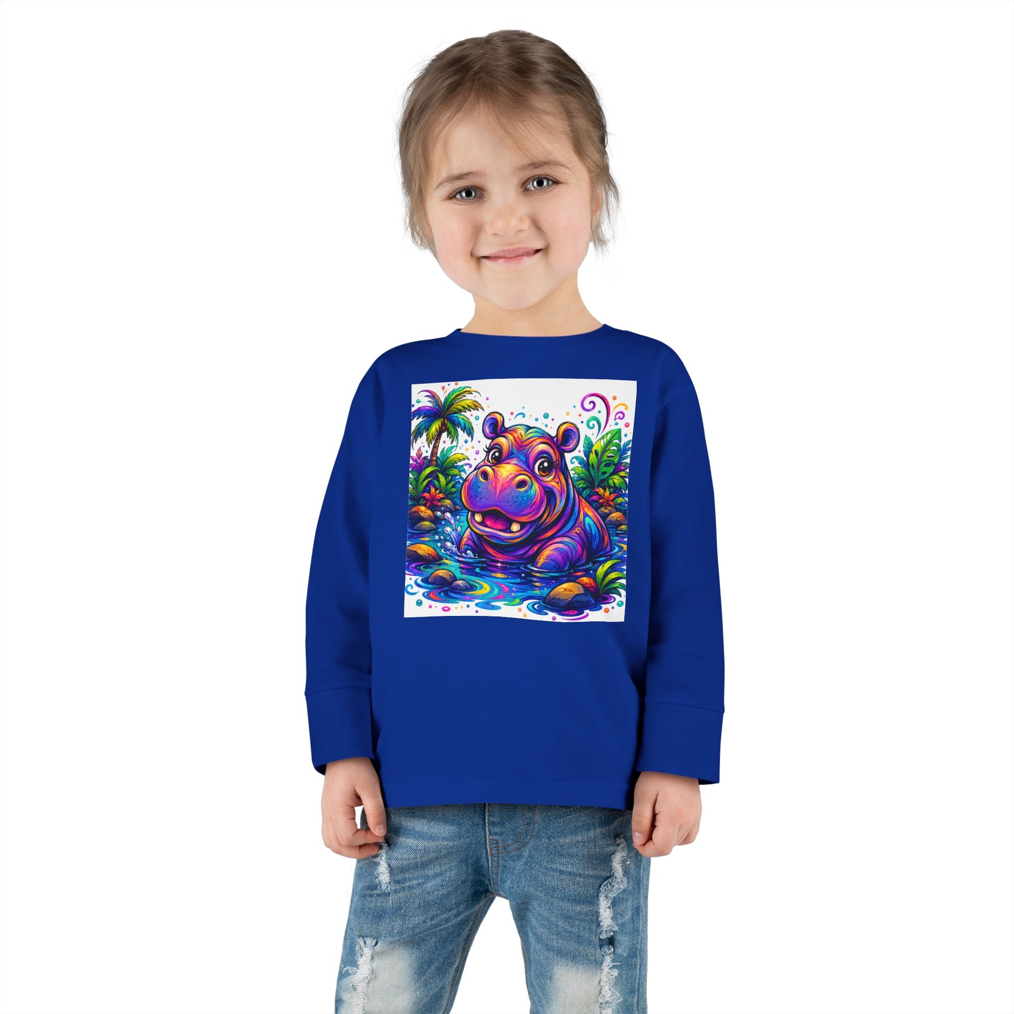 Colorful Hippo Toddler Long Sleeve Tee — Vibrant Jungle Animal Shirt for Kids