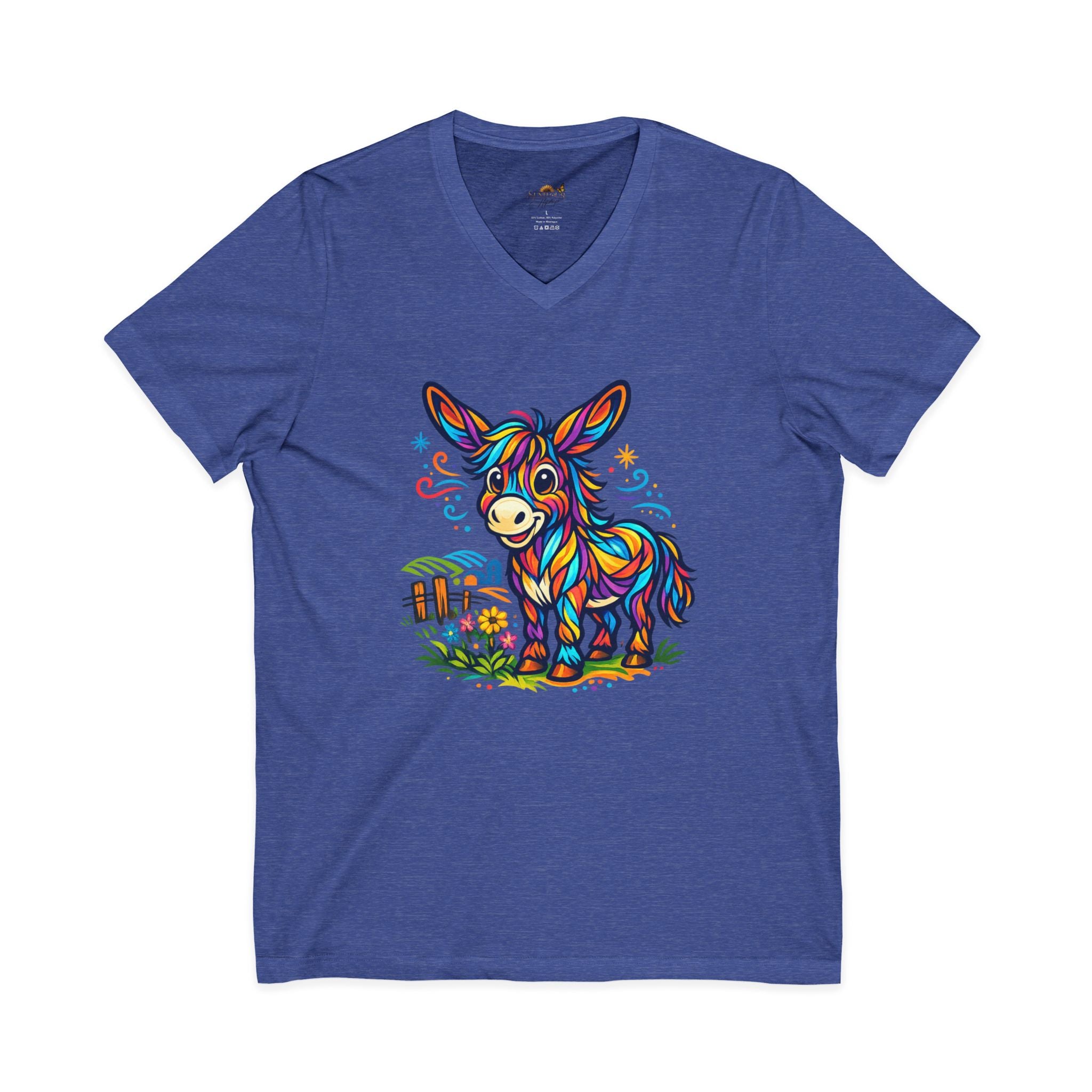 Colorful Donkey V-Neck Tee — Whimsical Farm Animal Graphic Shirt