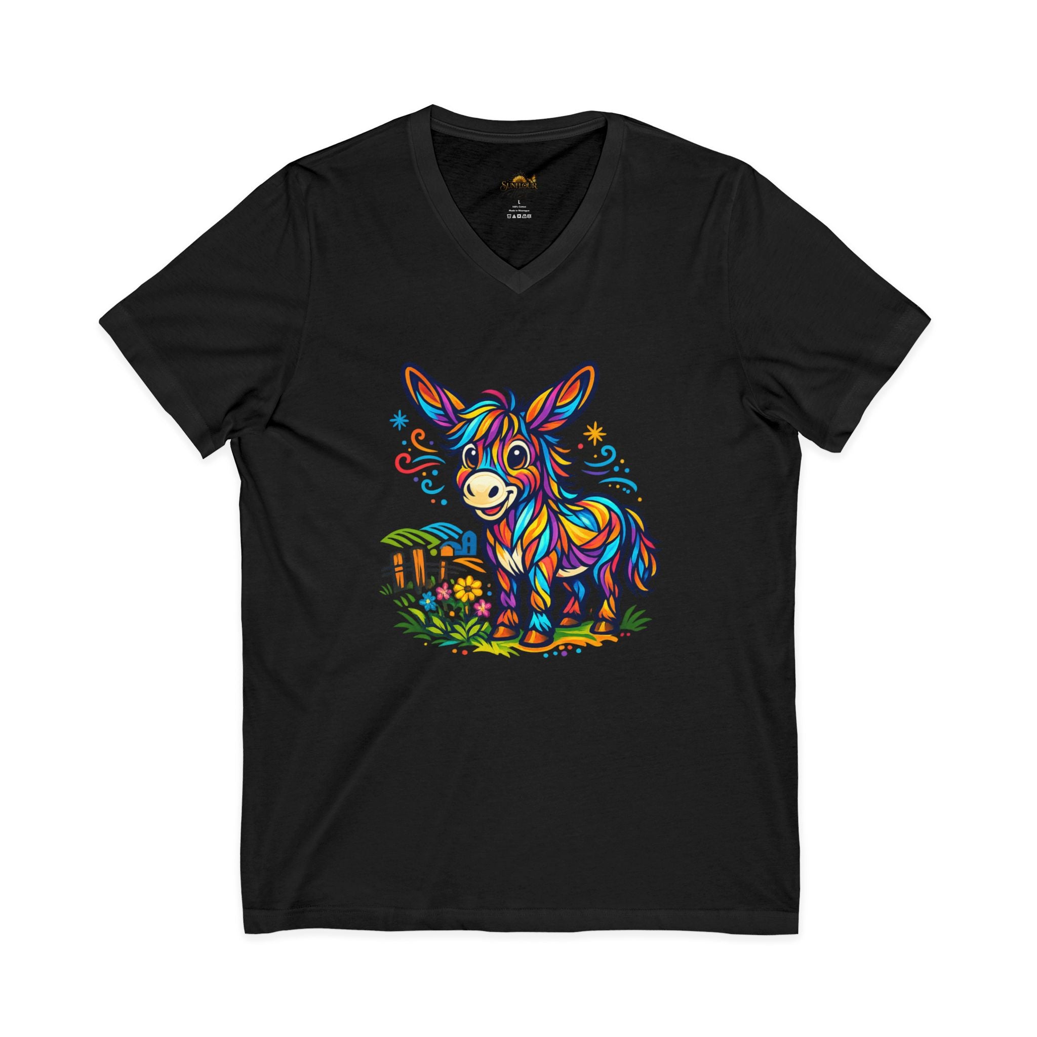 Colorful Donkey V-Neck Tee — Whimsical Farm Animal Graphic Shirt