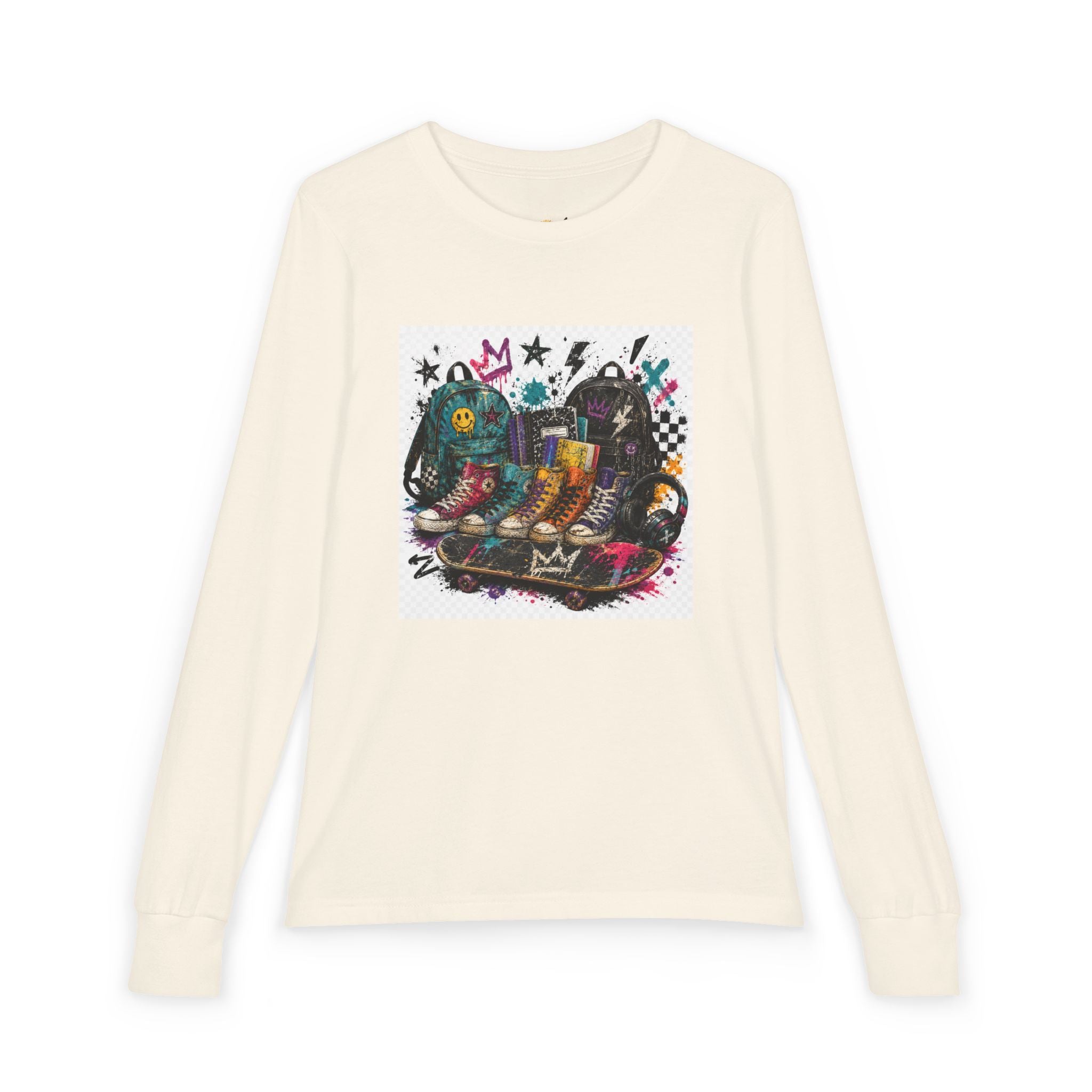 Youth Long Sleeve Tee — Colorful Skateboard & Sneakers Graphic