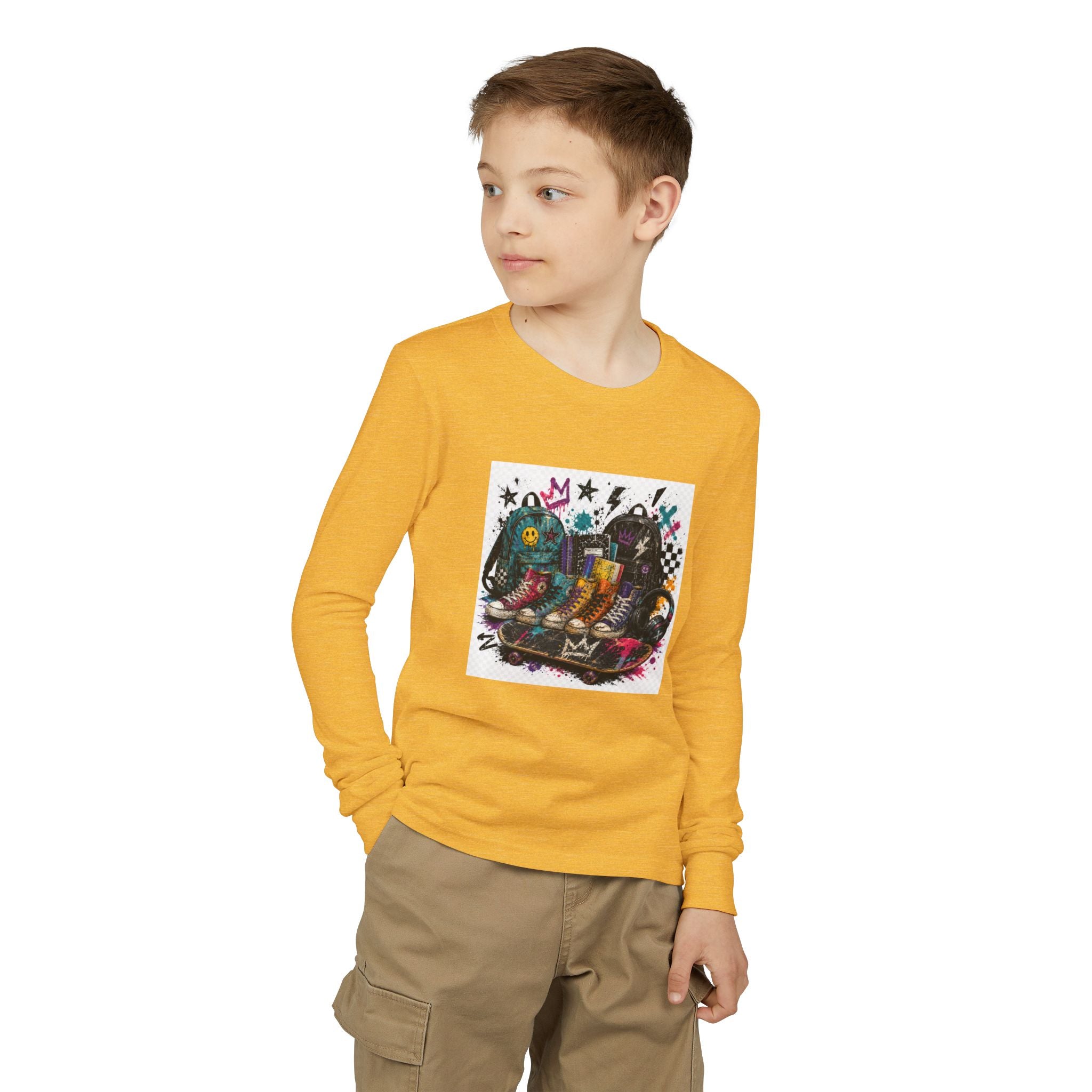 Youth Long Sleeve Tee — Colorful Skateboard & Sneakers Graphic