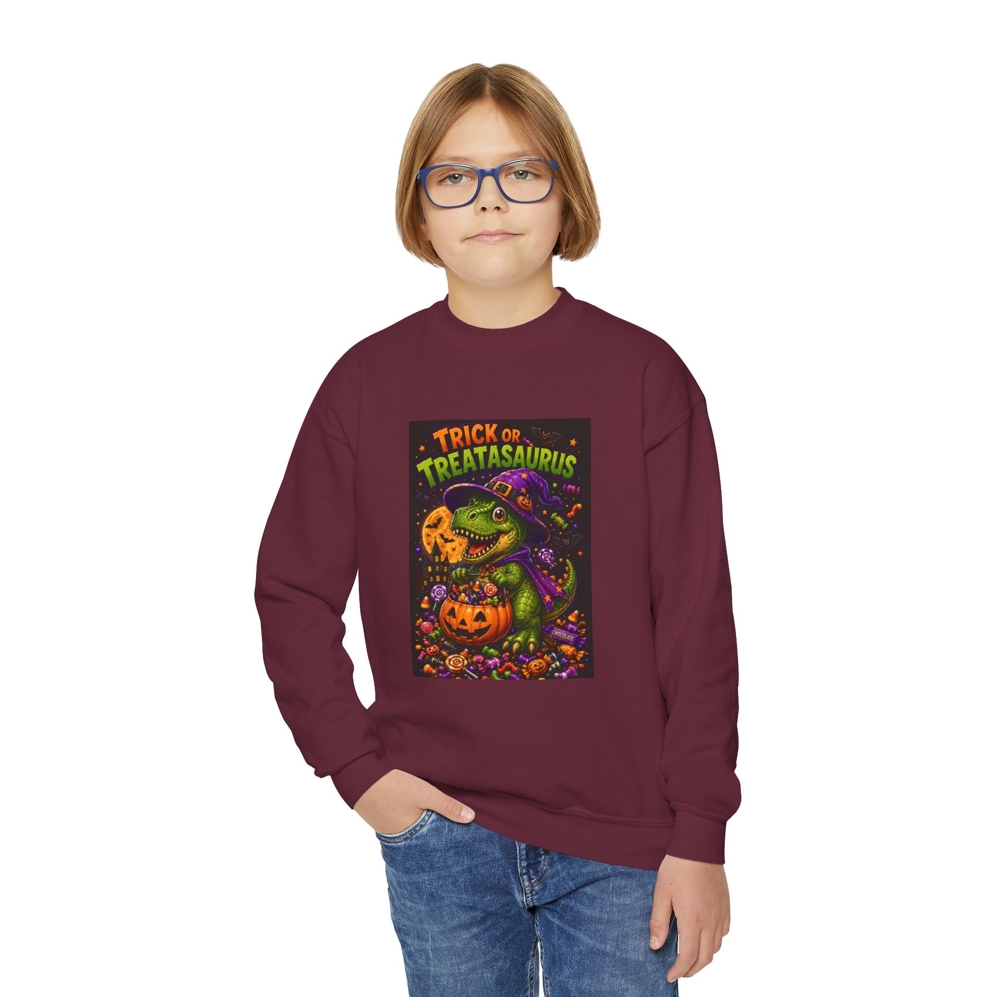 Youth Halloween Sweatshirt — "Trick or Treatasaurus" Dino Pumpkin Crewneck