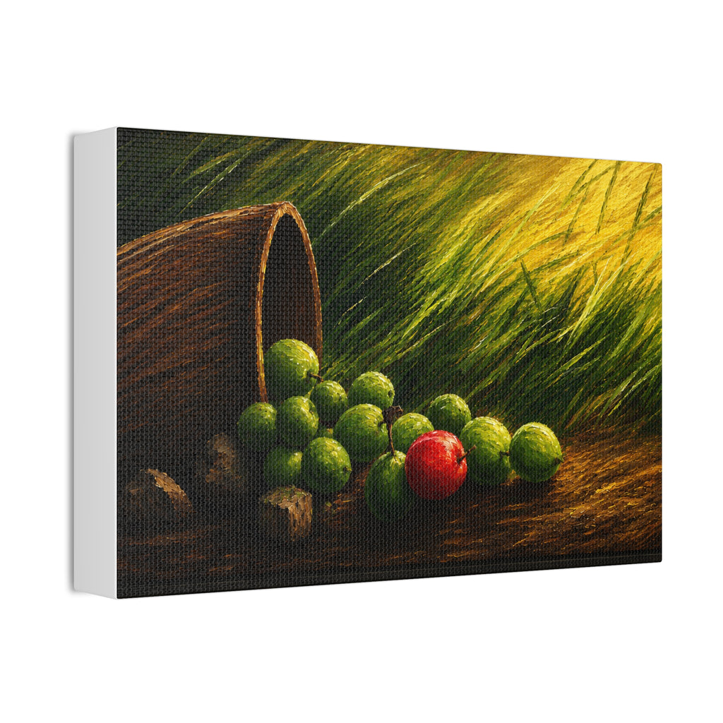 Still Life Canvas Print – Rustic Fallen Basket with Green and Red Fruit, Stretched 1.5"