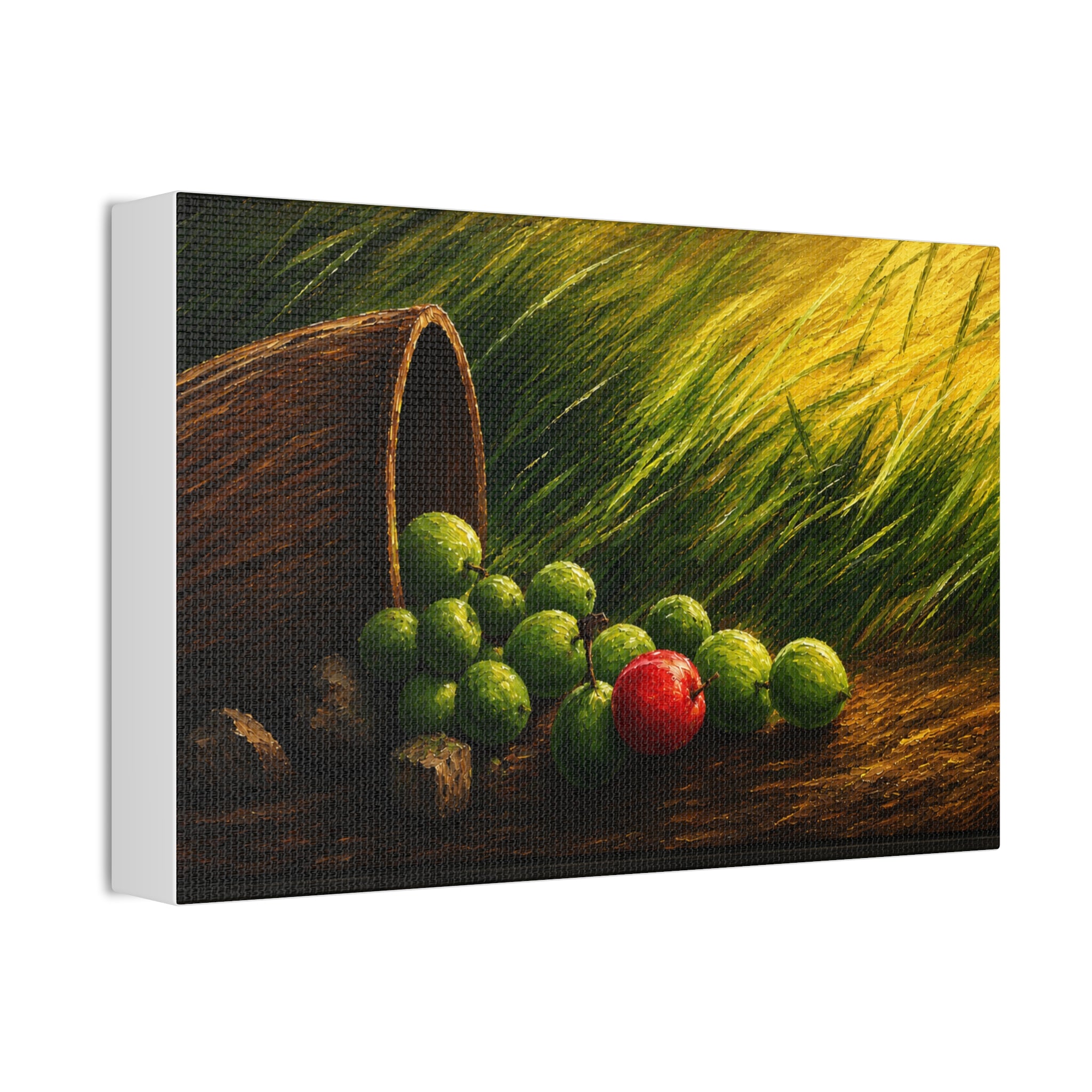Still Life Canvas Print – Rustic Fallen Basket with Green and Red Fruit, Stretched 1.5"