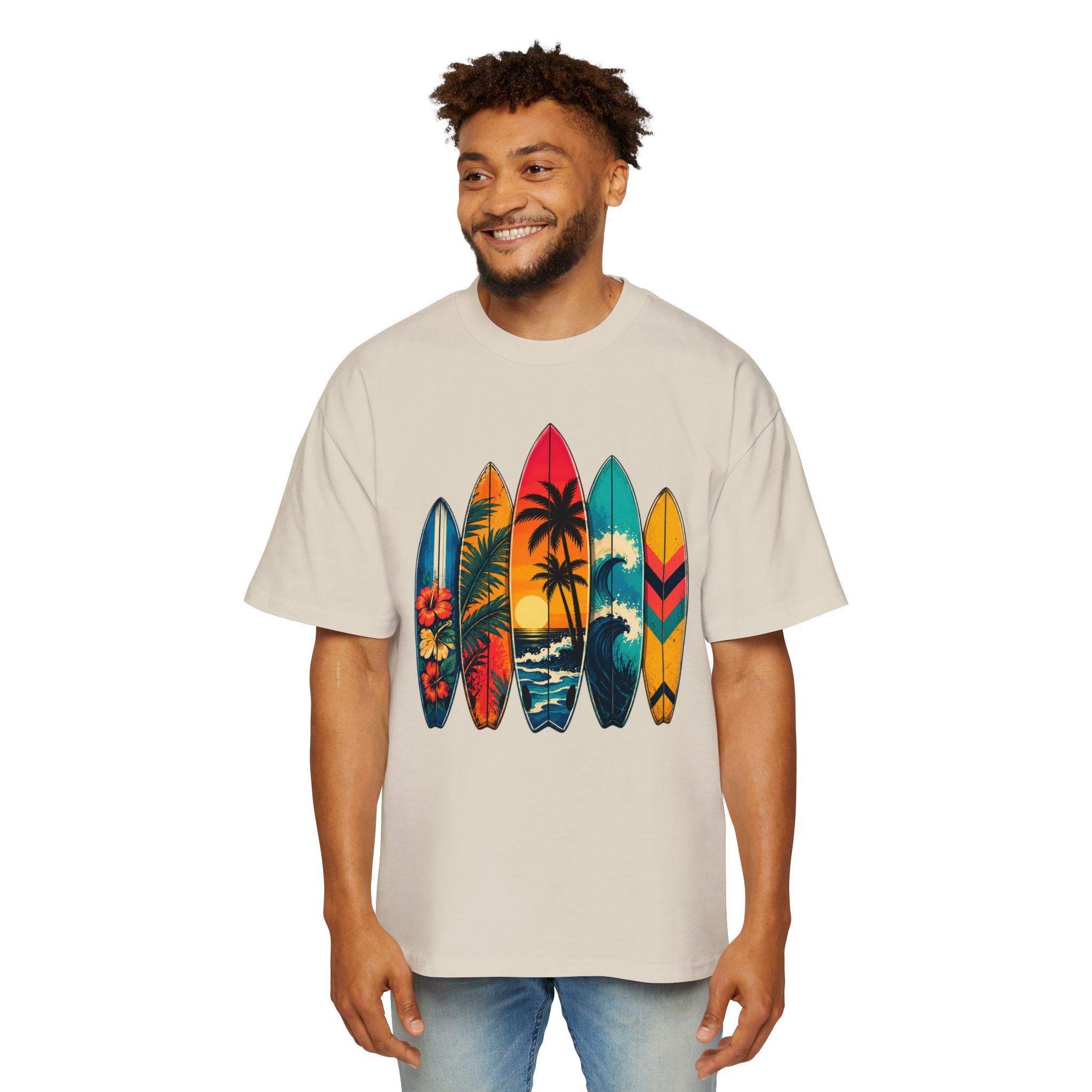 Surfboard Graphic Tee — Vintage Tropical Beach Shirt for Men