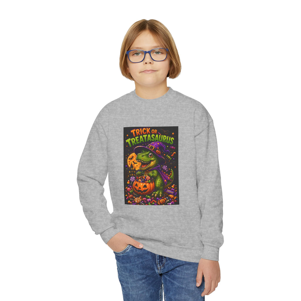Youth Halloween Sweatshirt — "Trick or Treatasaurus" Dino Pumpkin Crewneck