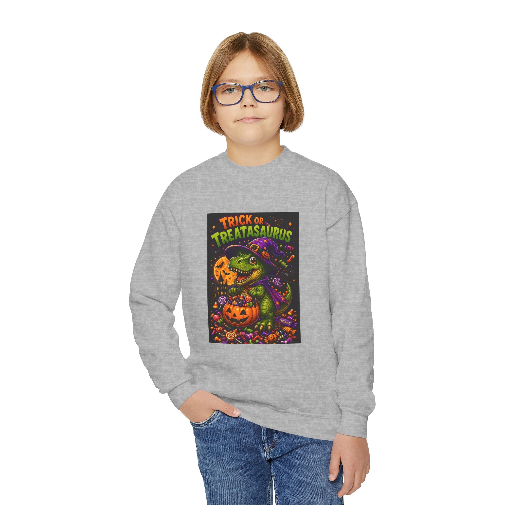 Youth Halloween Sweatshirt — "Trick or Treatasaurus" Dino Pumpkin Crewneck