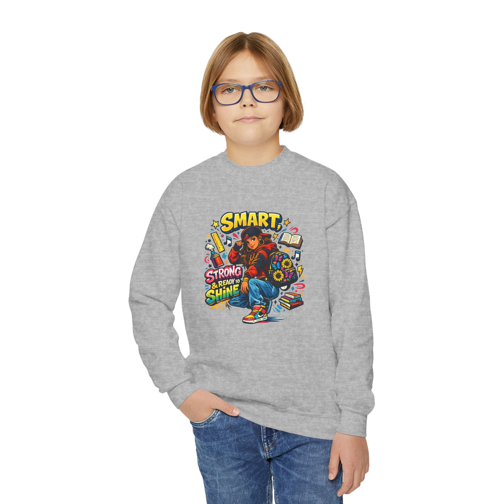 Youth Crewneck Sweatshirt — "Smart, Strong & Brave" Colorful Skateboard Graphic