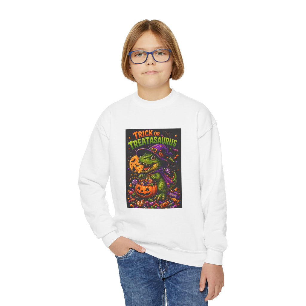 Youth Halloween Sweatshirt — "Trick or Treatasaurus" Dino Pumpkin Crewneck