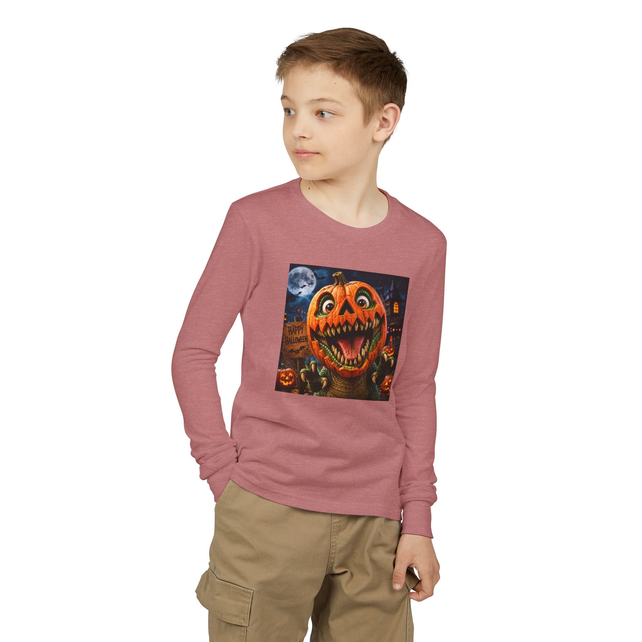 Youth Long Sleeve Tee — Spooky Dinosaur Jack-O'-Lantern Halloween Shirt (Custom Name)