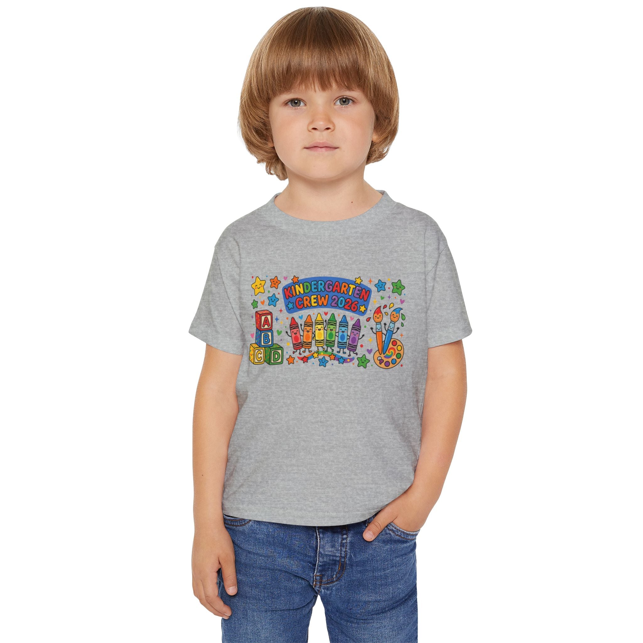 Toddler T-Shirt — "Kindergarten Crew 2026" Colorful Crayons & Blocks Back-to-School Tee