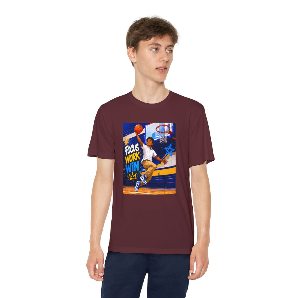 Youth Basketball Tee, Back to School — "Focus Work Win" Personalized Name Jersey