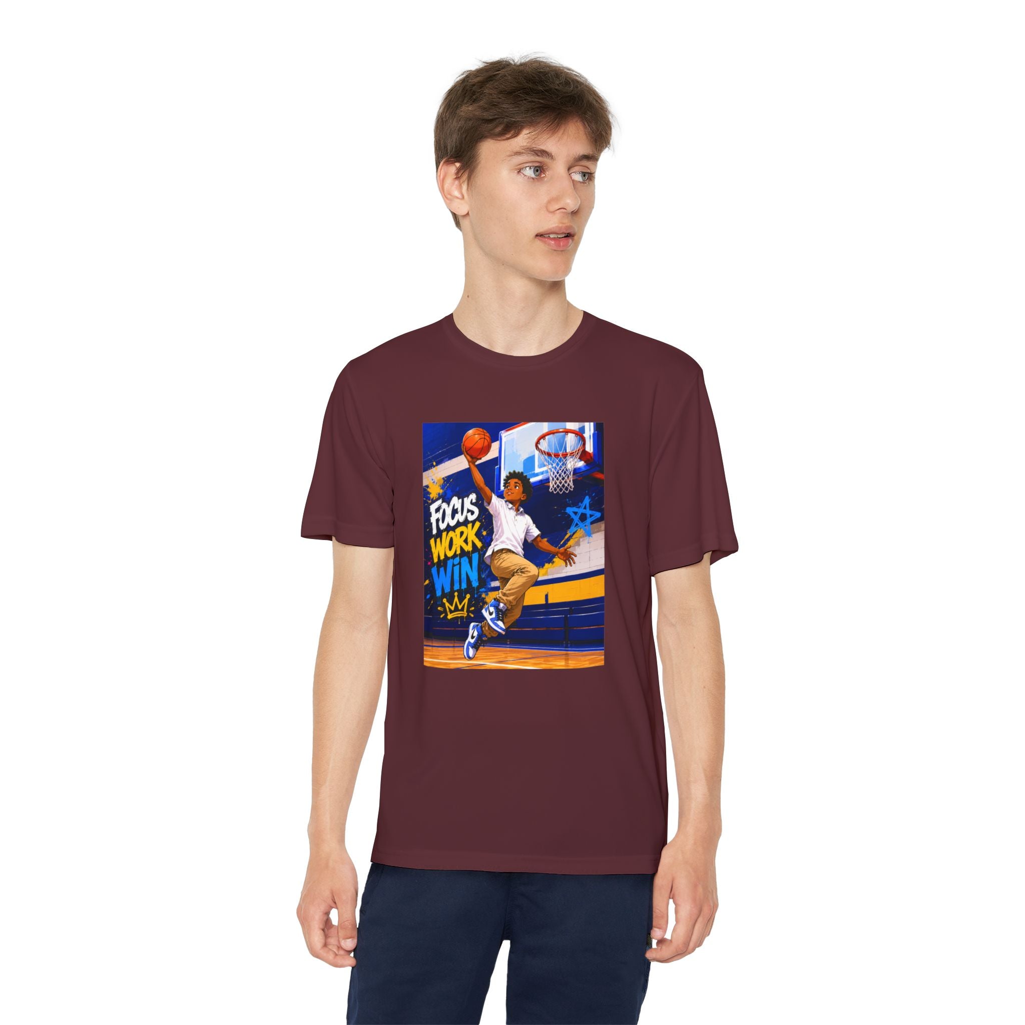 Youth Basketball Tee, Back to School — "Focus Work Win" Personalized Name Jersey