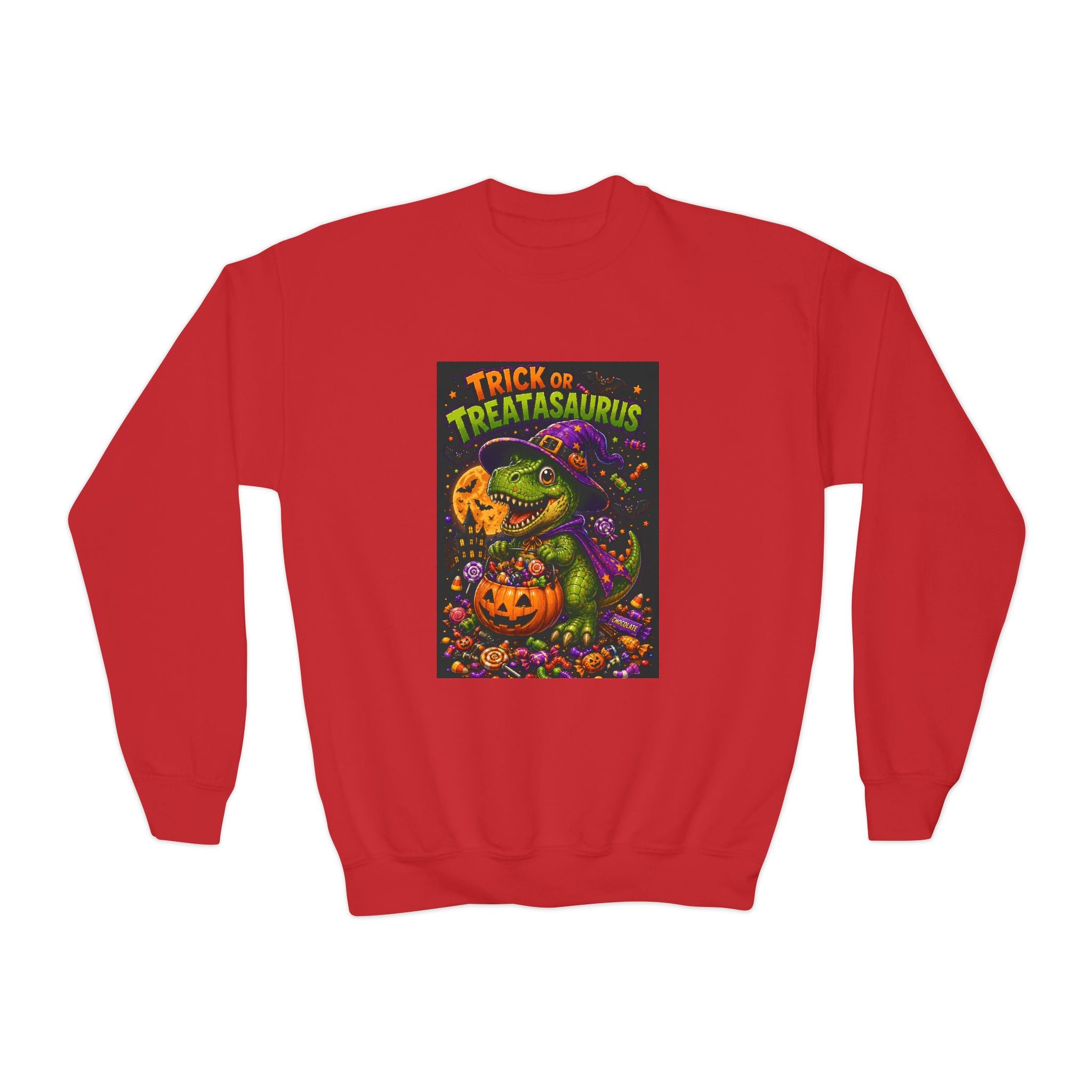 Youth Halloween Sweatshirt — "Trick or Treatasaurus" Dino Pumpkin Crewneck