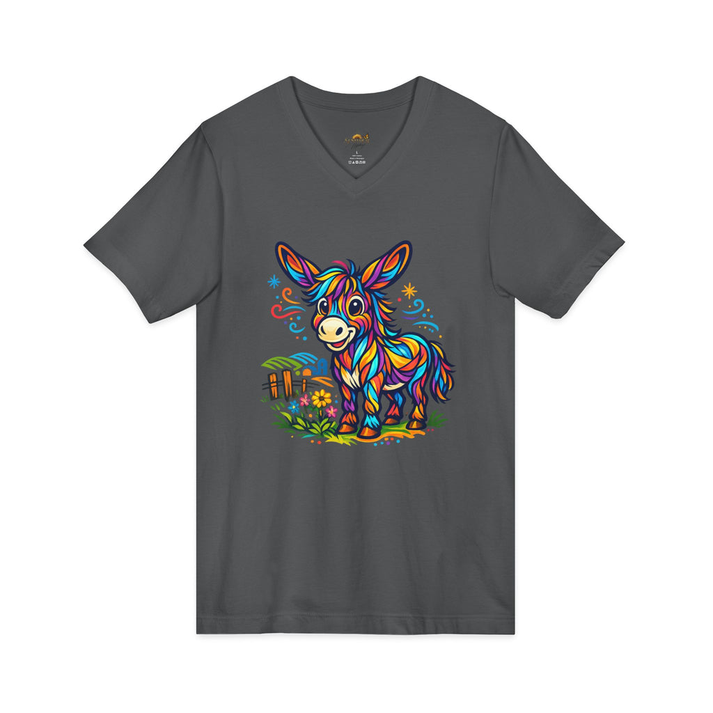 Colorful Donkey V-Neck Tee — Whimsical Farm Animal Graphic Shirt