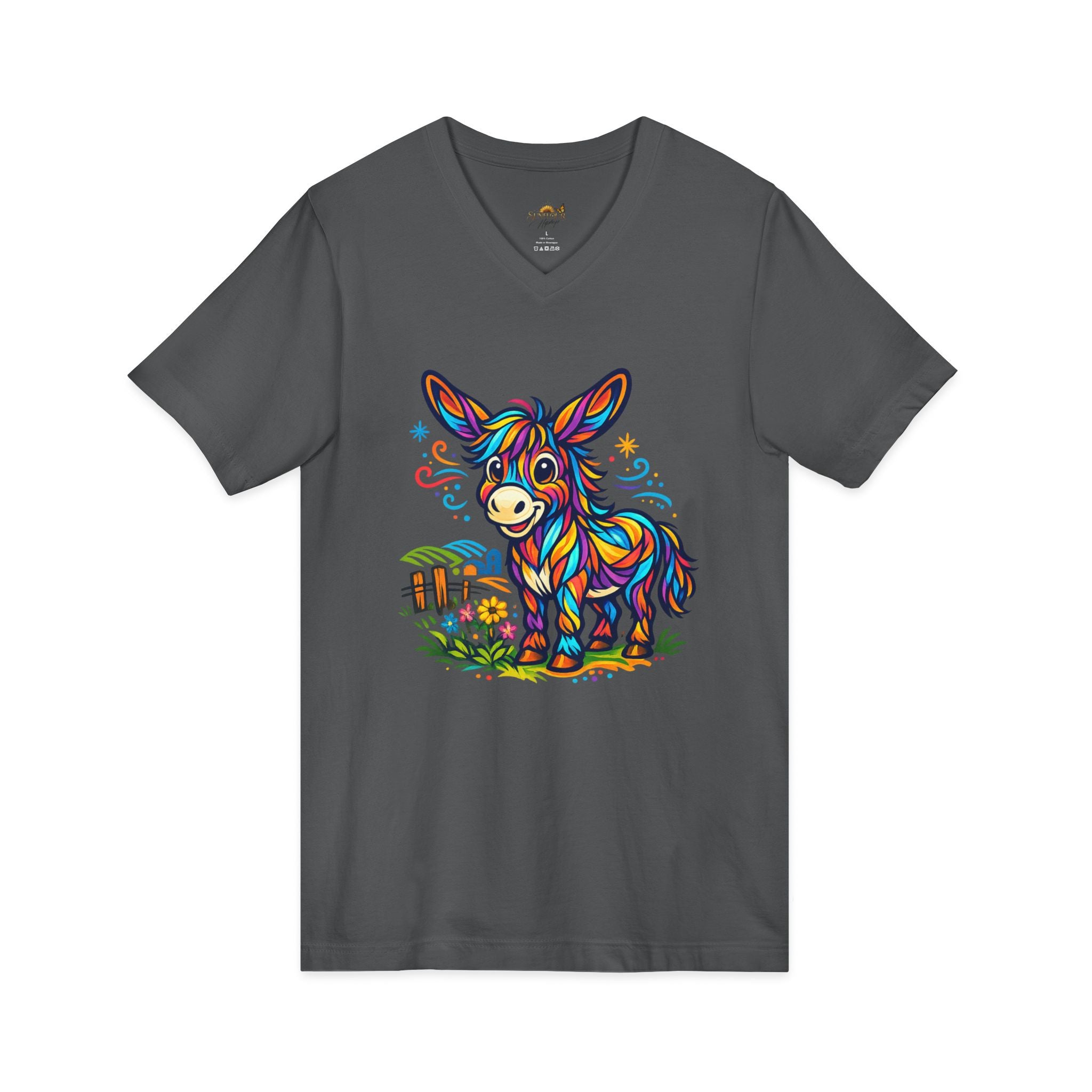 Colorful Donkey V-Neck Tee — Whimsical Farm Animal Graphic Shirt
