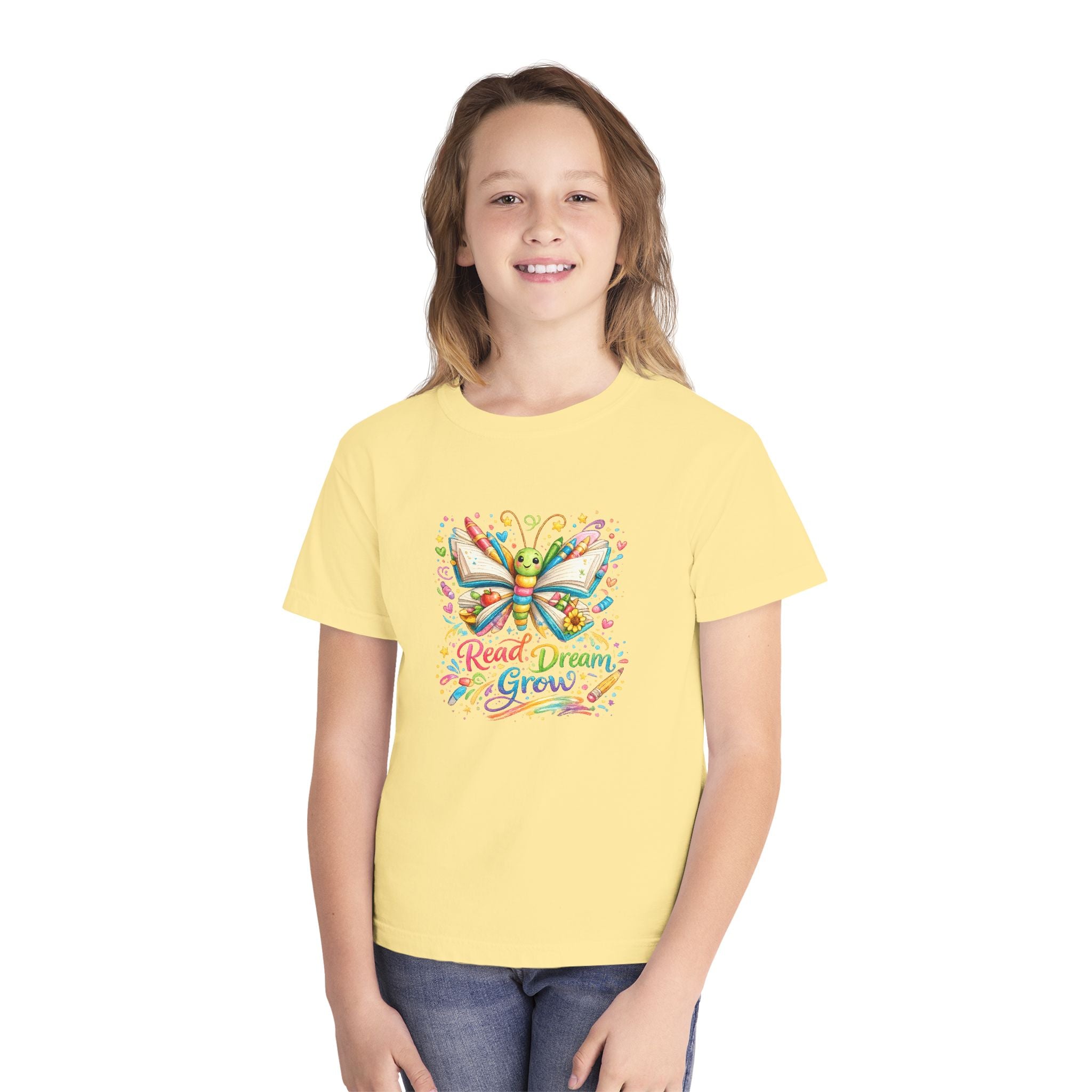 Youth Tee — Colorful Butterfly "Read Dream Grow" Kids Shirt