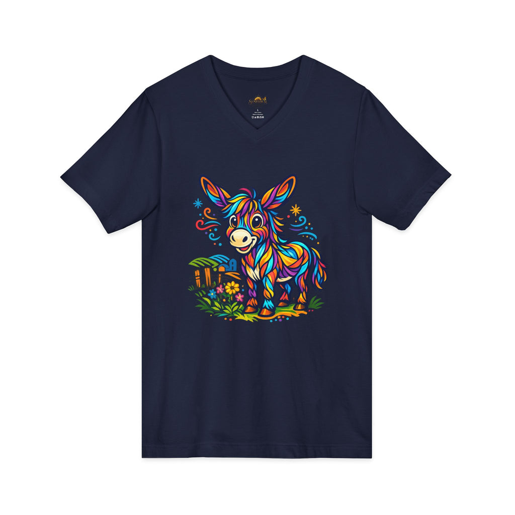 Colorful Donkey V-Neck Tee — Whimsical Farm Animal Graphic Shirt