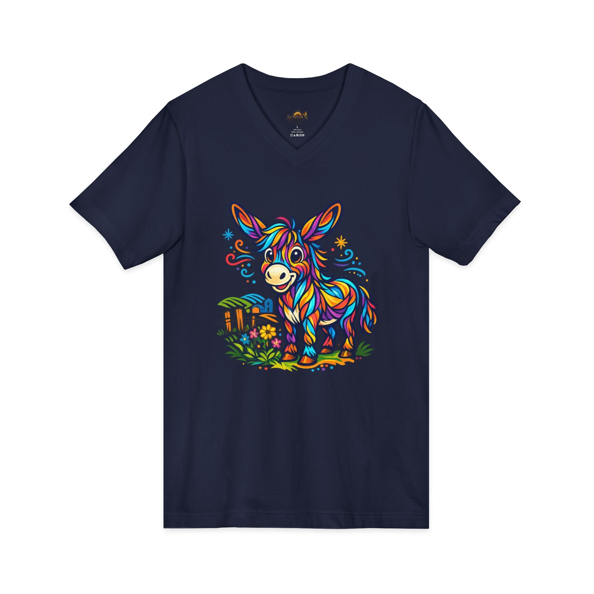 Colorful Donkey V-Neck Tee — Whimsical Farm Animal Graphic Shirt