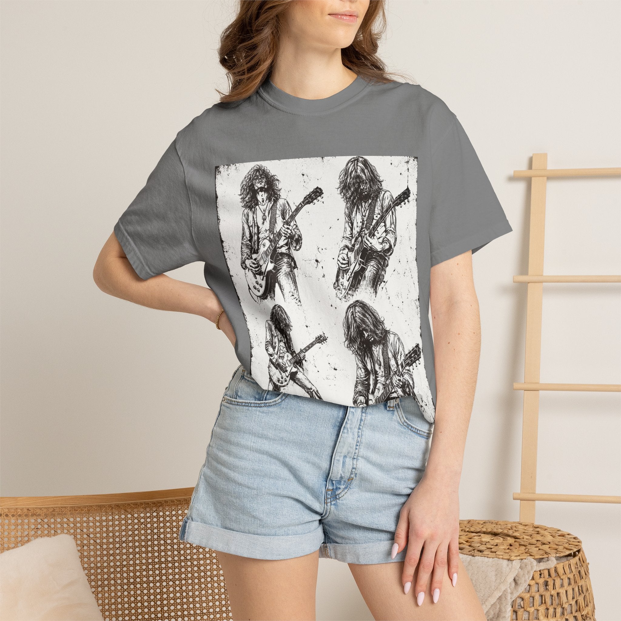 Vintage Rock Guitar T-Shirt — Grunge Band Photo & Les Paul Back Print