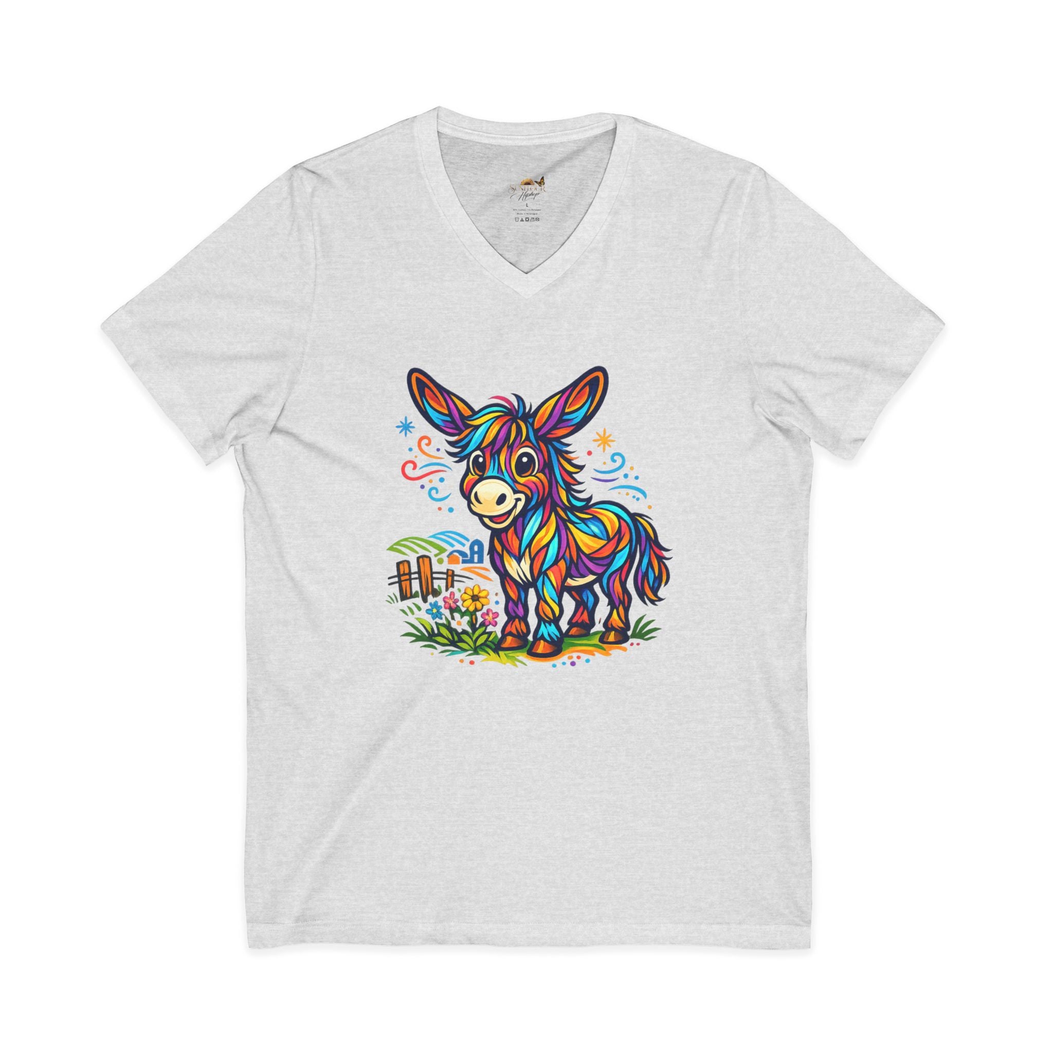 Colorful Donkey V-Neck Tee — Whimsical Farm Animal Graphic Shirt