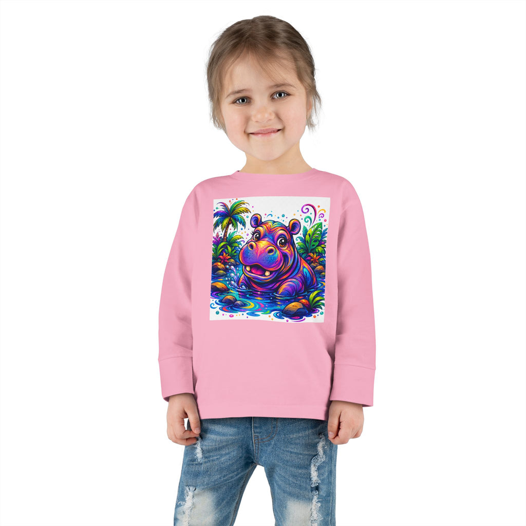 Colorful Hippo Toddler Long Sleeve Tee — Vibrant Jungle Animal Shirt for Kids