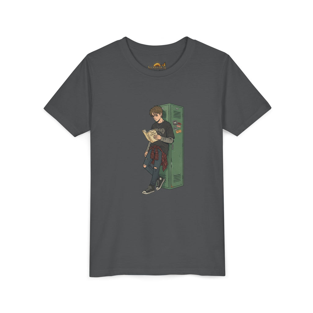 Youth Graphic Tee — Teen Boy Reading by Locker Illustration