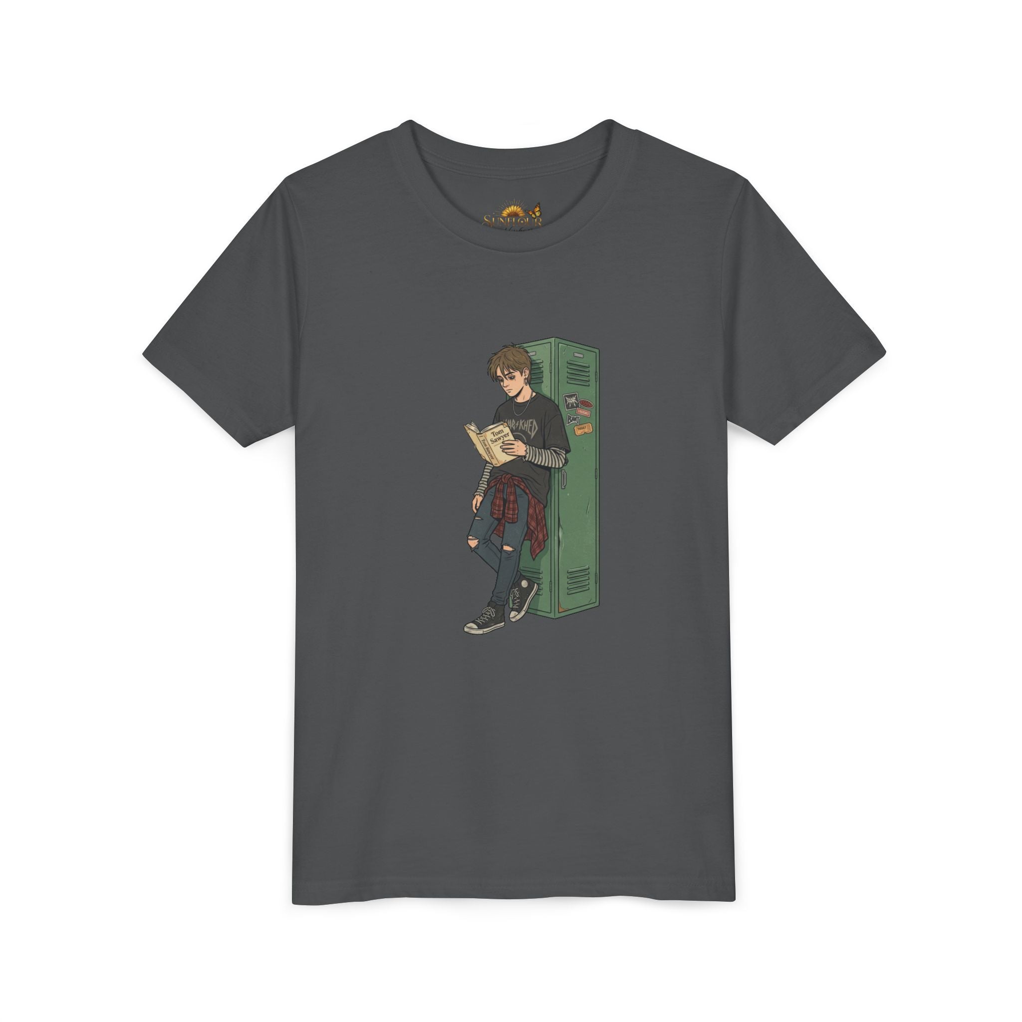Youth Graphic Tee — Teen Boy Reading by Locker Illustration