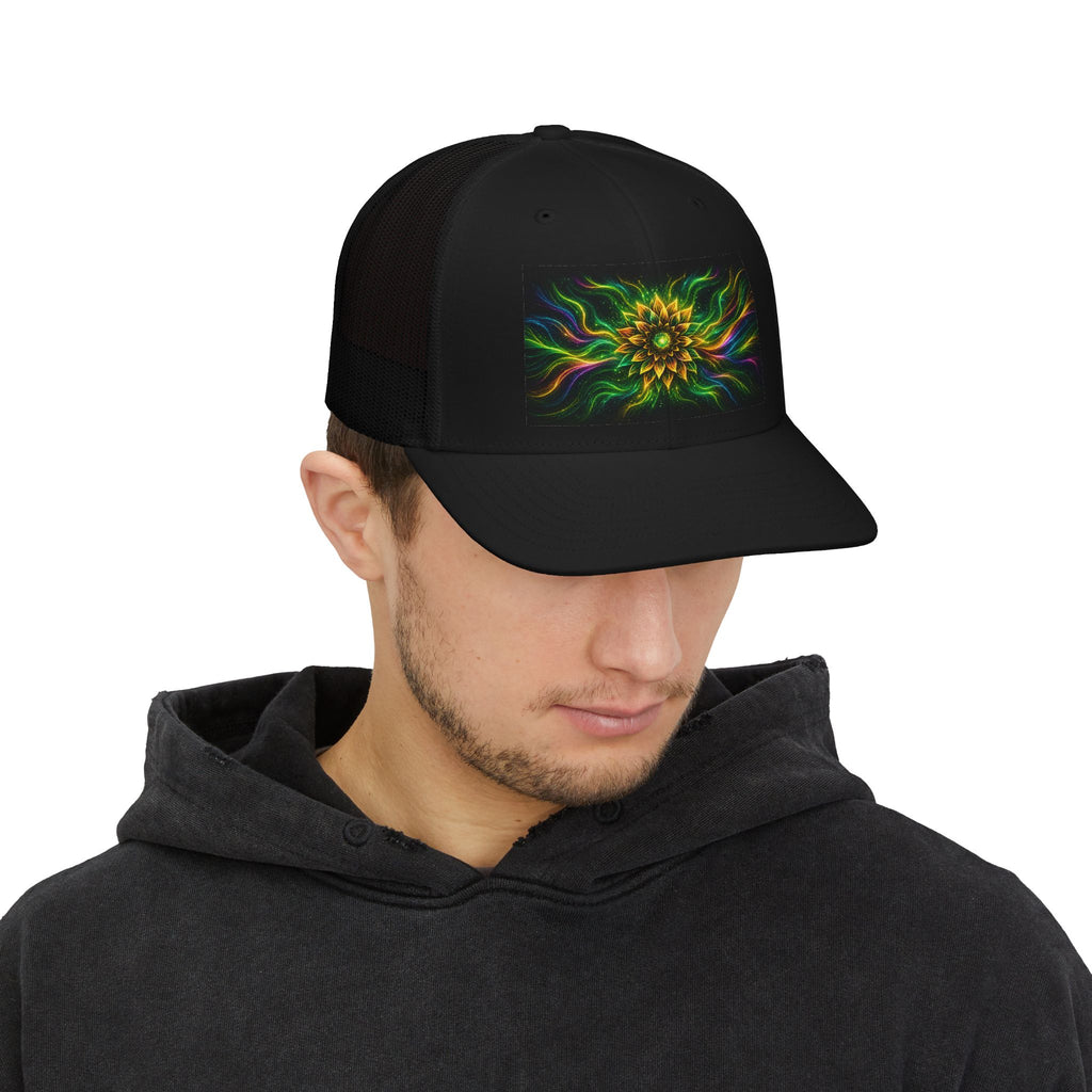 Psychedelic Sunflower Trucker Hat — Vibrant Floral Mandala Snapback