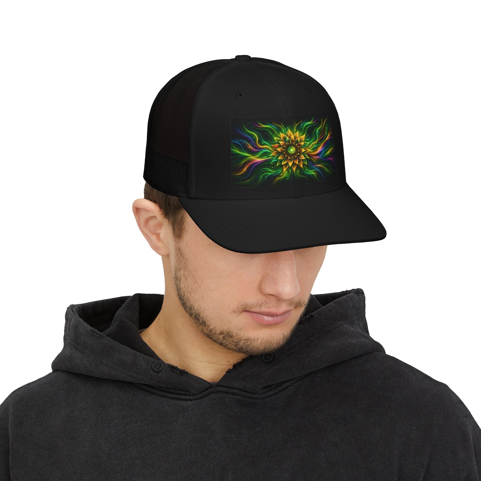 Psychedelic Sunflower Trucker Hat — Vibrant Floral Mandala Snapback