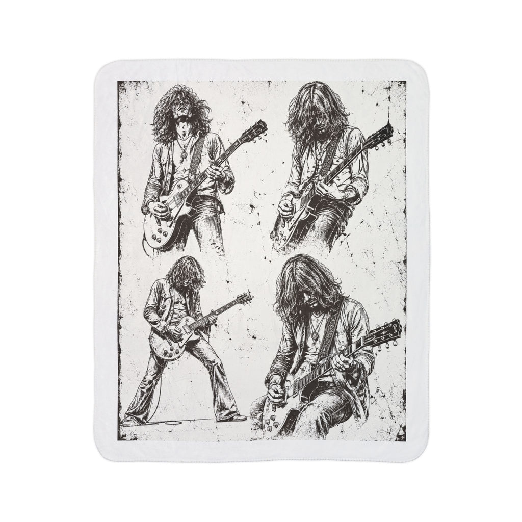 Rock Guitarist Sketch Fleece Sherpa Blanket – Vintage Musician Print Cozy Throw