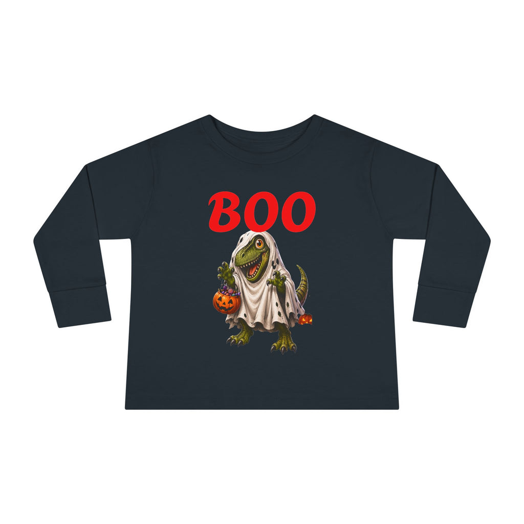 Halloween Toddler Long Sleeve Tee — Cute Dinosaur Ghost "BOO!" Halloween Shirt