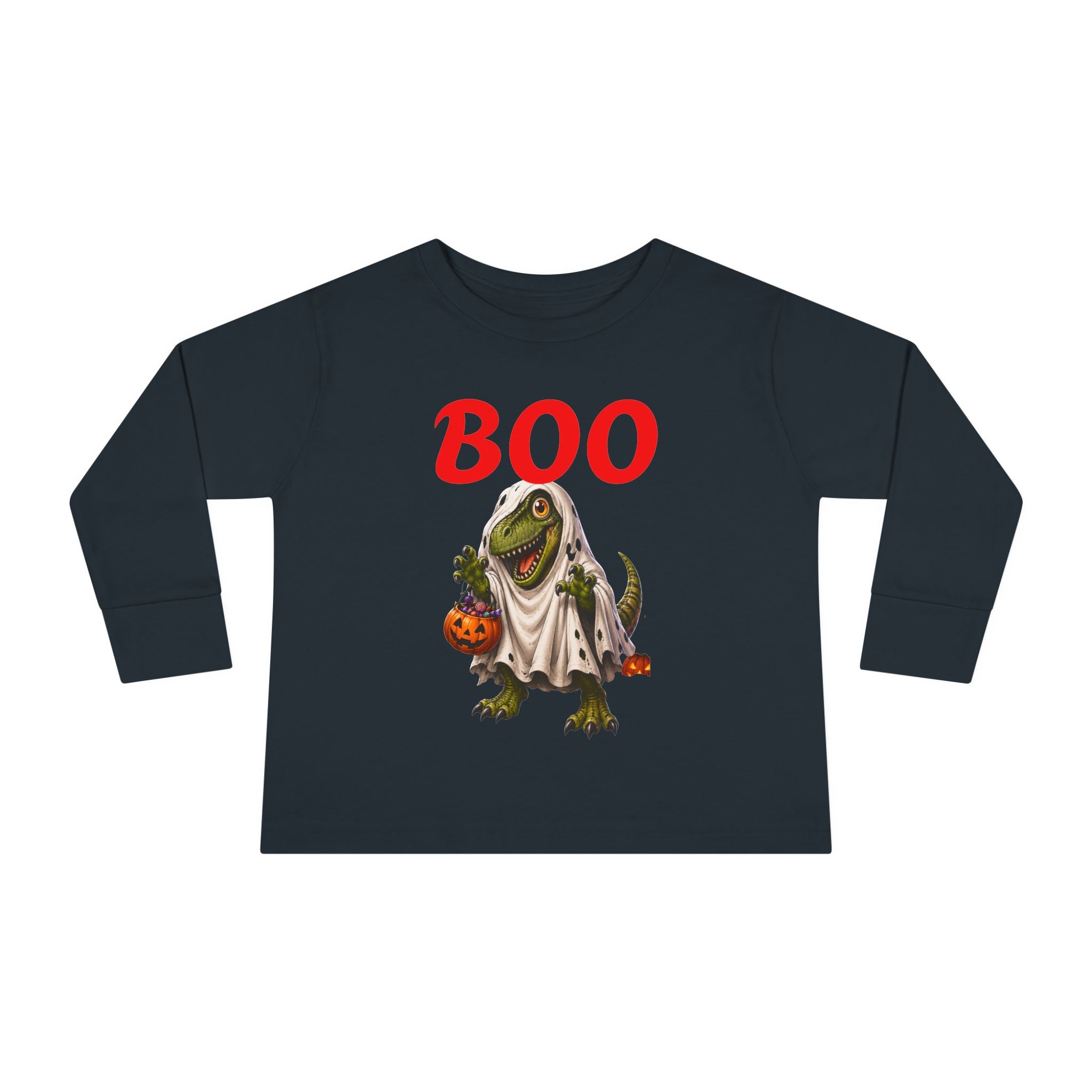 Halloween Toddler Long Sleeve Tee — Cute Dinosaur Ghost "BOO!" Halloween Shirt