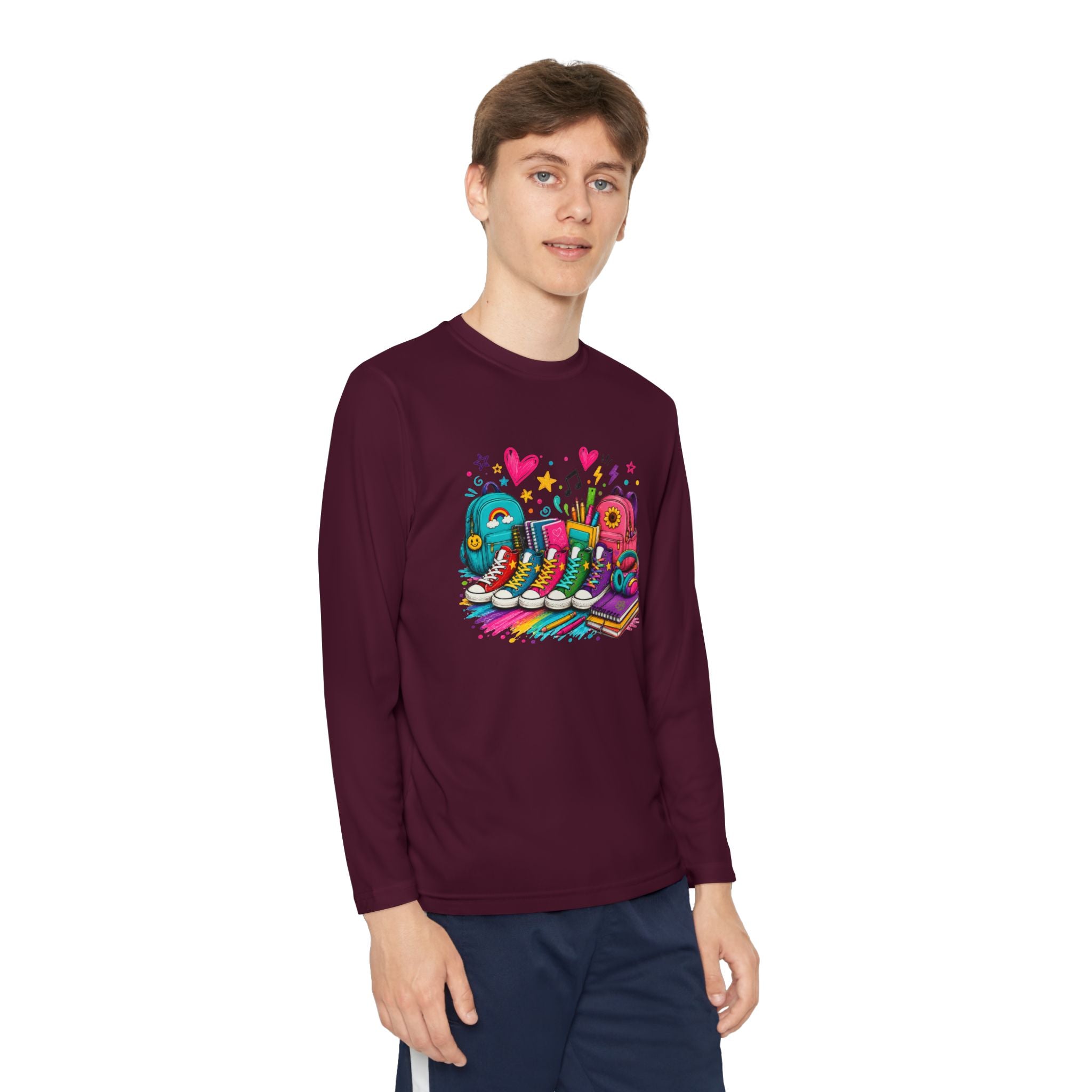 Youth Long Sleeve Tee — Colorful Sneaker Party Graphic