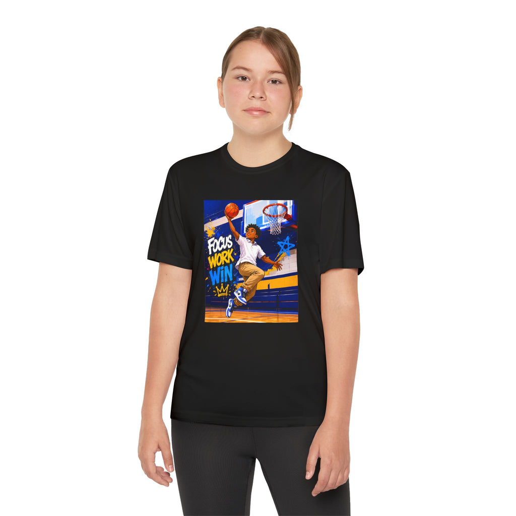 Youth Basketball Tee, Back to School — "Focus Work Win" Personalized Name Jersey