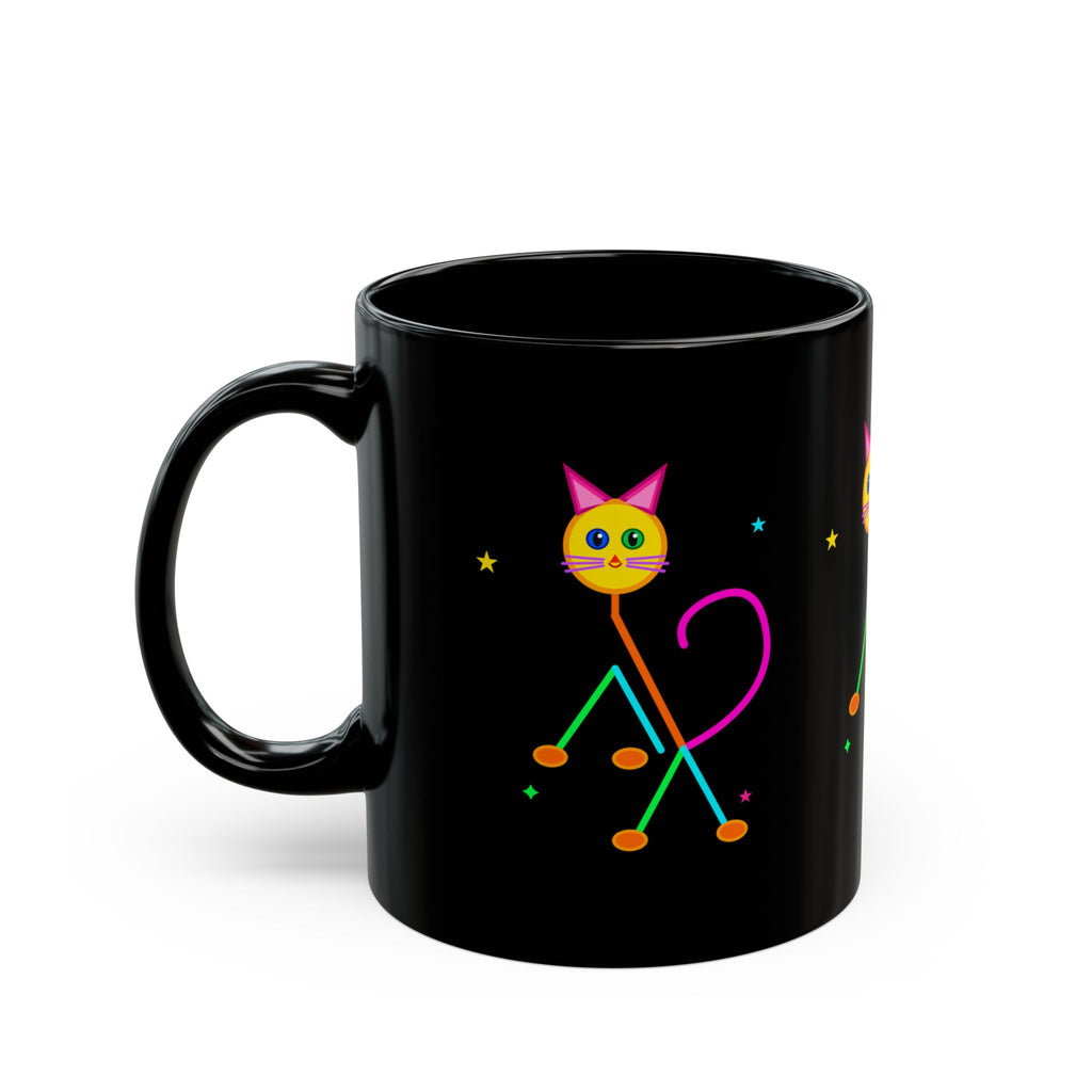Neon Cat Black Mug — Colorful Retro Cat Coffee Cup (11oz/15oz)