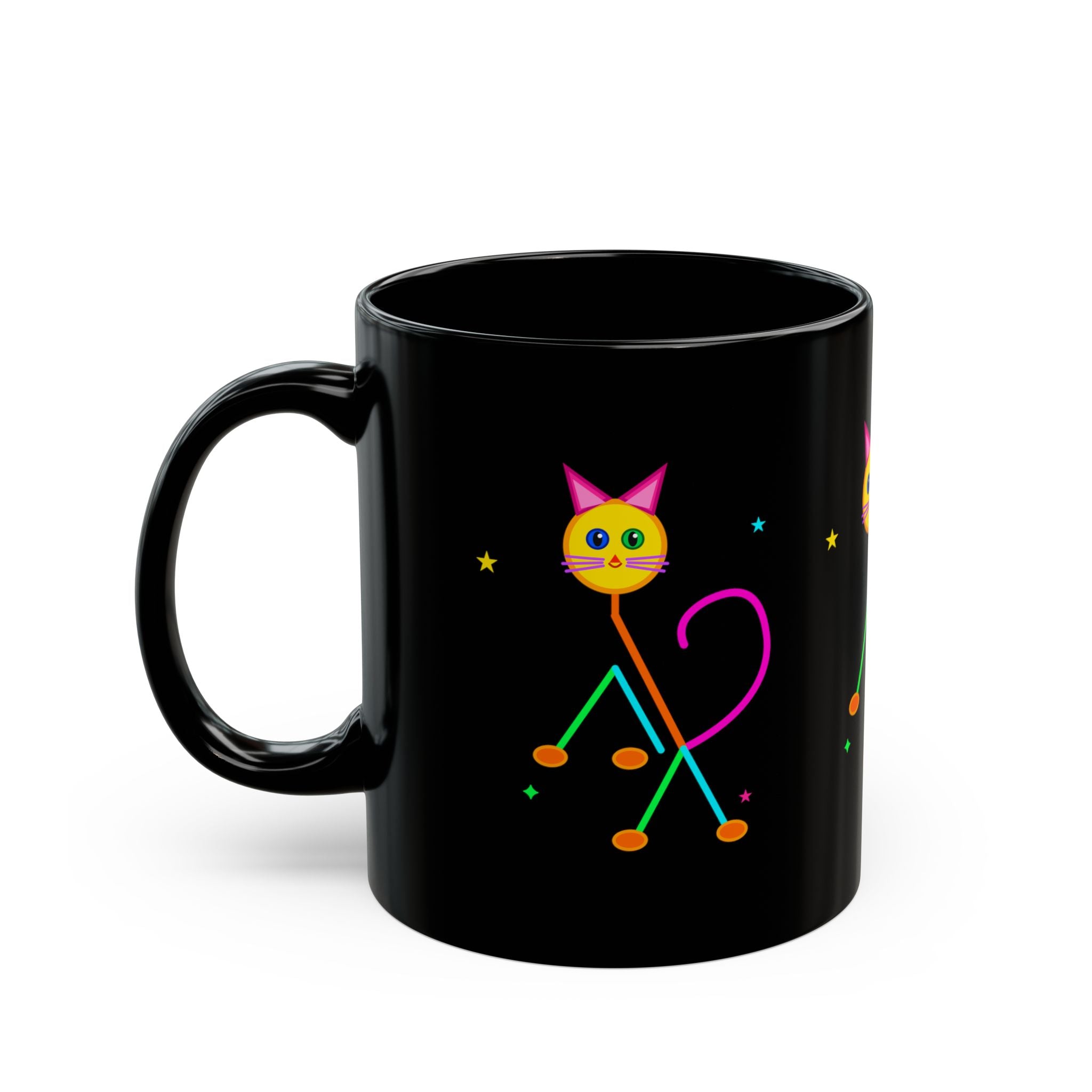 Neon Cat Black Mug — Colorful Retro Cat Coffee Cup (11oz/15oz)