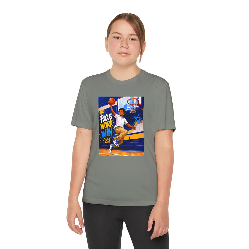 Youth Basketball Tee, Back to School — "Focus Work Win" Personalized Name Jersey