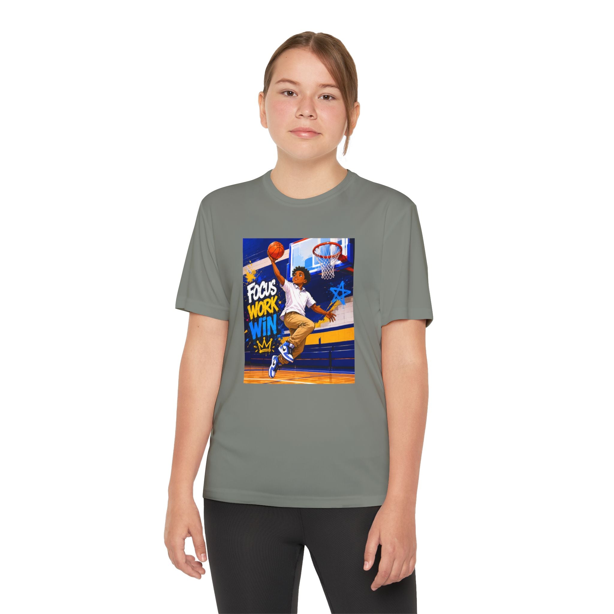 Youth Basketball Tee, Back to School — "Focus Work Win" Personalized Name Jersey