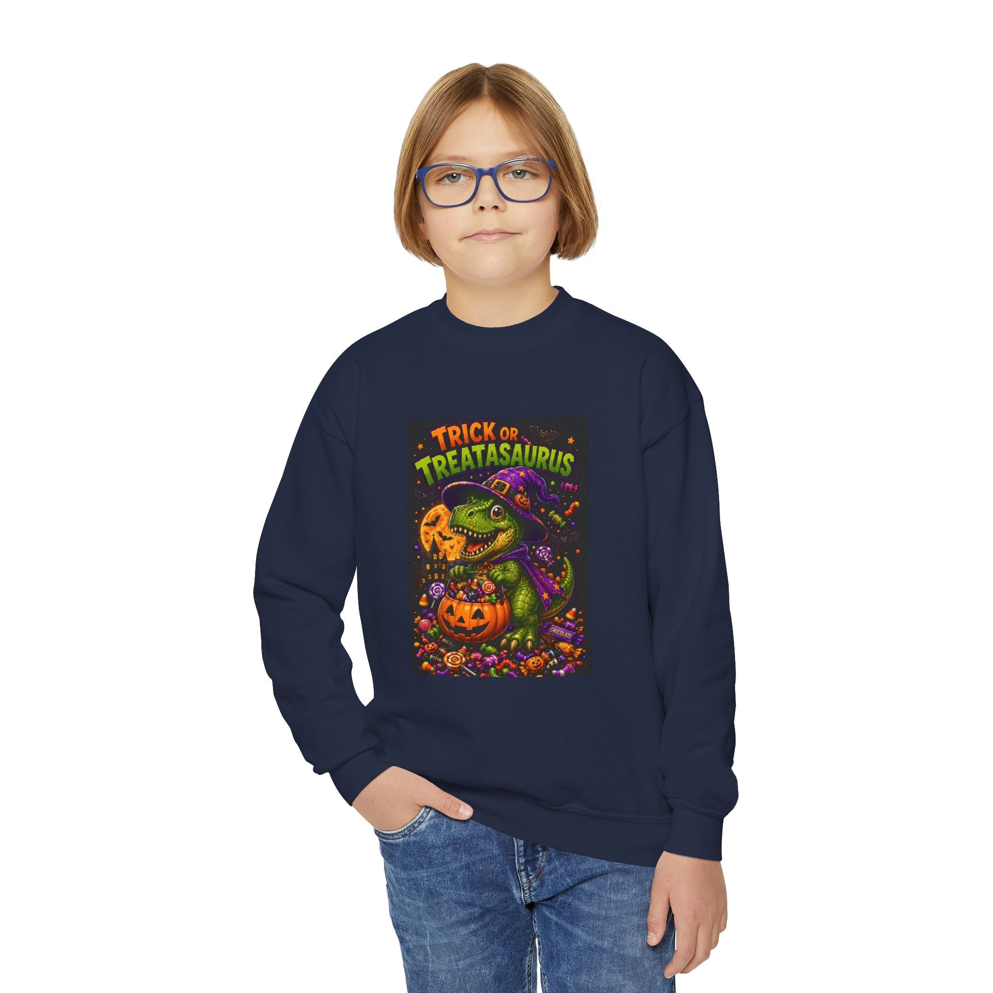 Youth Halloween Sweatshirt — "Trick or Treatasaurus" Dino Pumpkin Crewneck